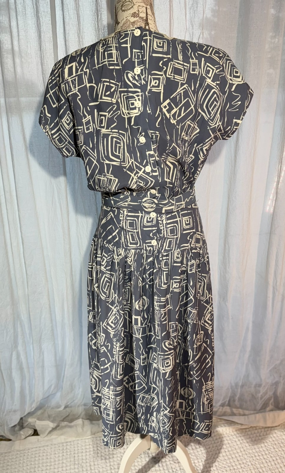 Vtg 80s Abstract Drop Waist Dress RAYON Belted LACE Ed Michaels 6 Preppy NewWave