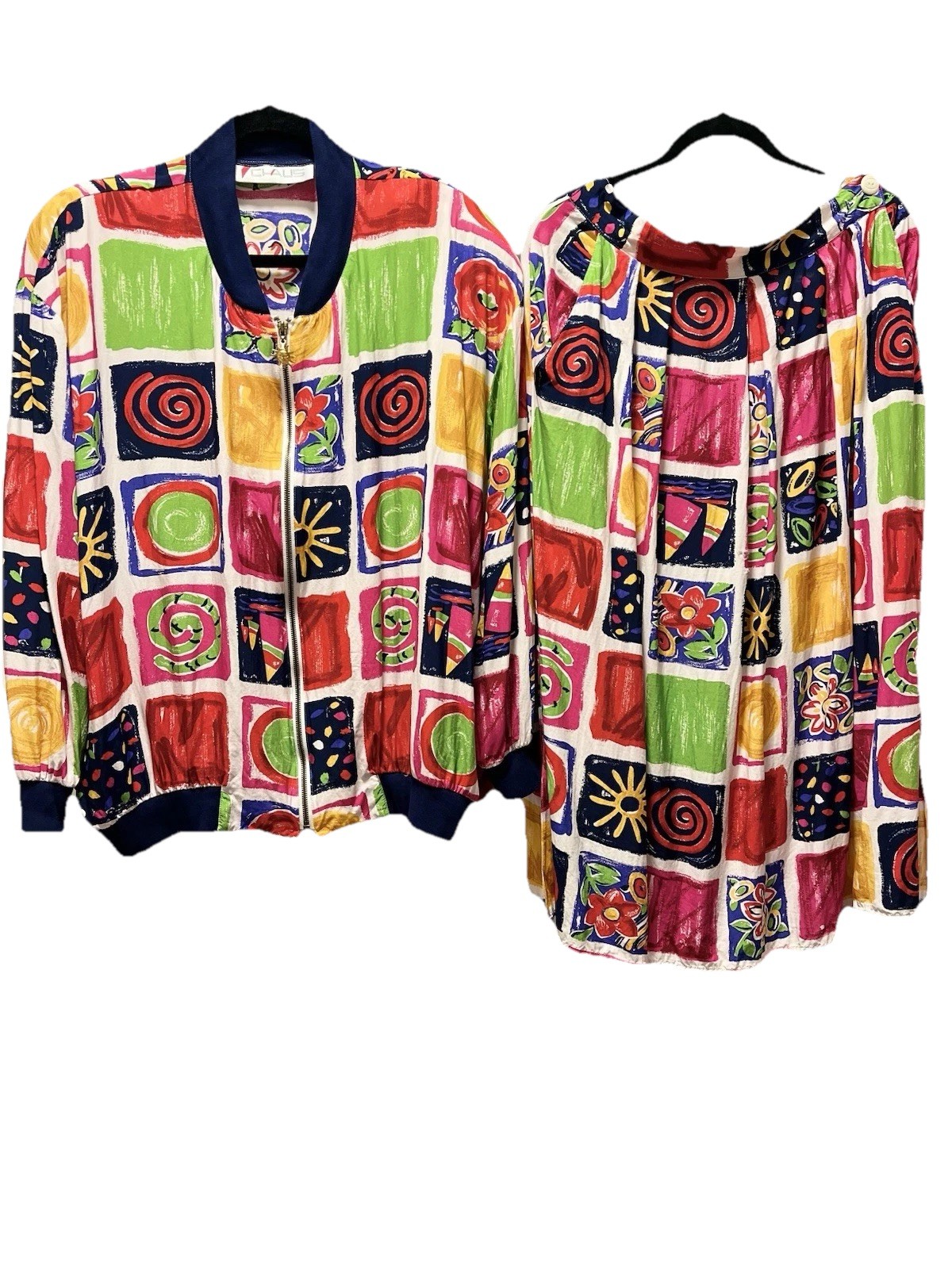 Chaus Multicolor Abstract vintage bomber jacket retro 80’s skirt set. Lrg.