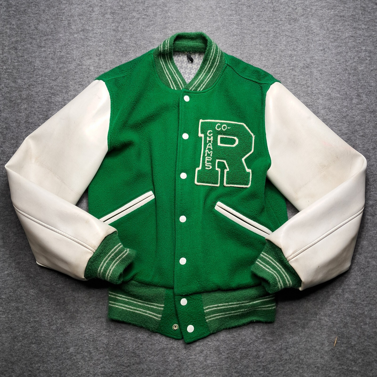 VTG 60s 70s Butwin Lettermans Jacket Green White Wool Vinyl Sleeves Vegan!