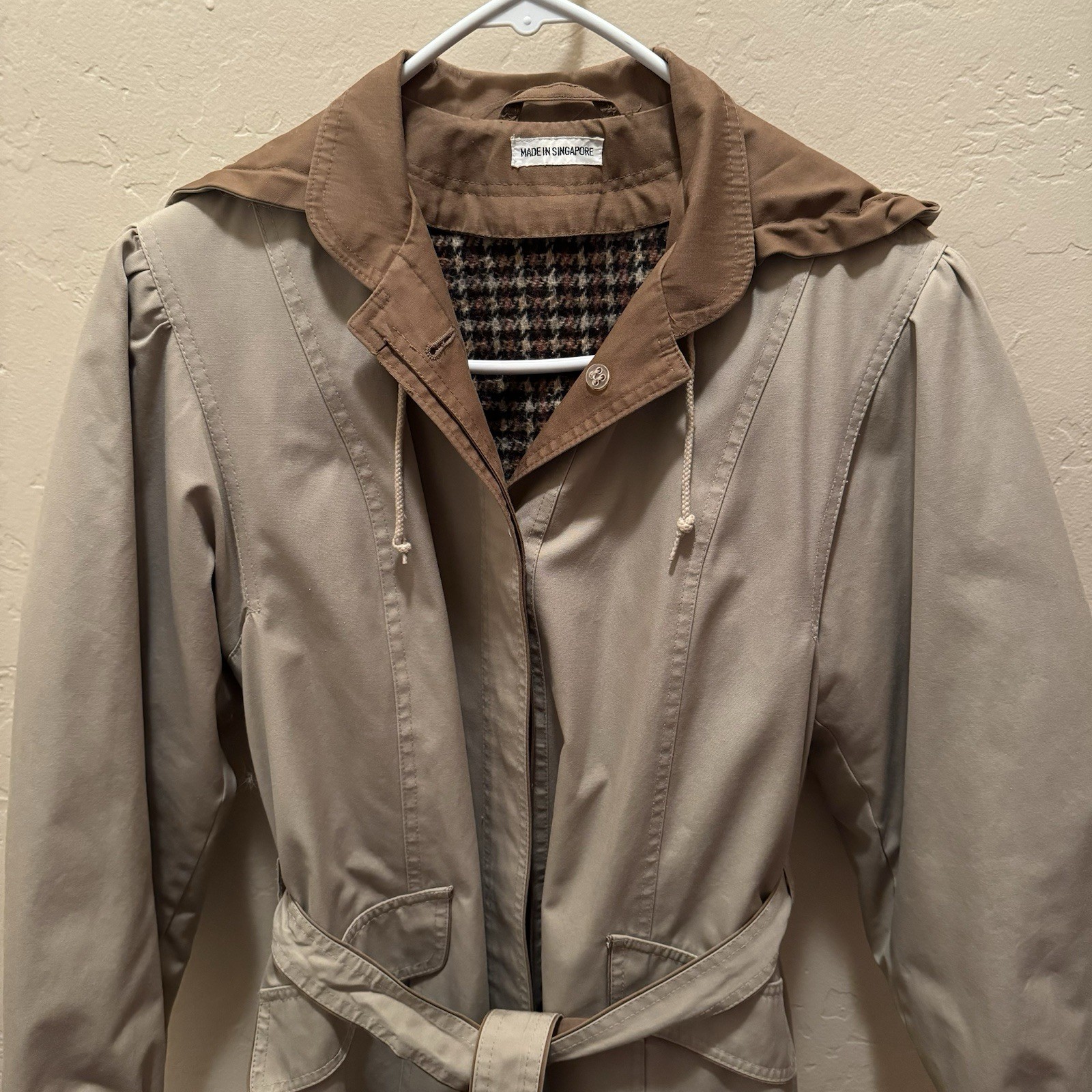 Vtg Trench Coat Maxi Tan Pockets Removable Hood/Lining (Wool Blend) GDT TOO