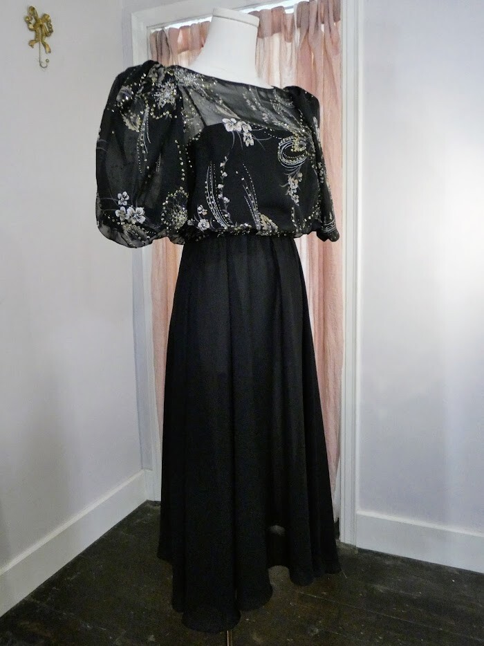 80s Vintage CONNECTIONS Black Puff Sleeve Silver Gold Glitter Dress ILGWU Small