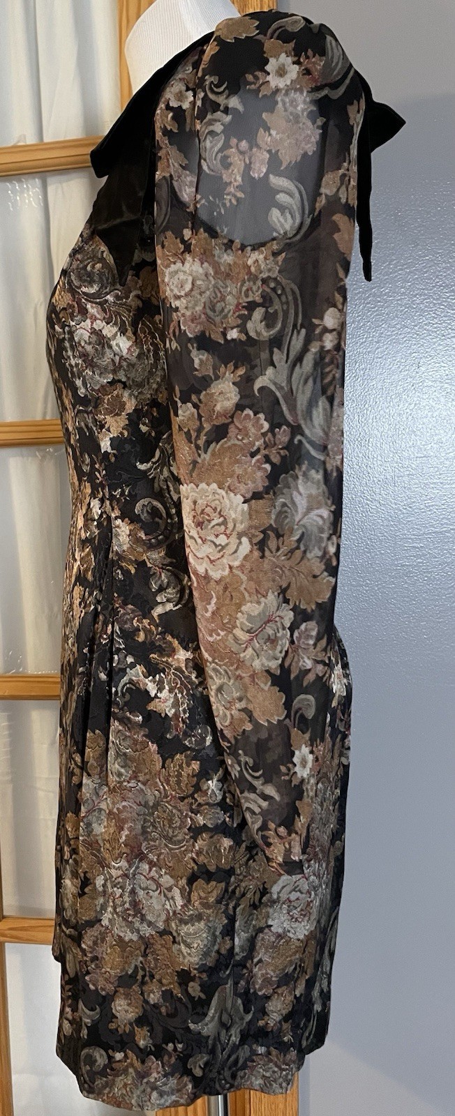 Vtg 80s Floral Brocade Mini Dress S Beige Black Bow Sheer Sleeve Pleated Classic