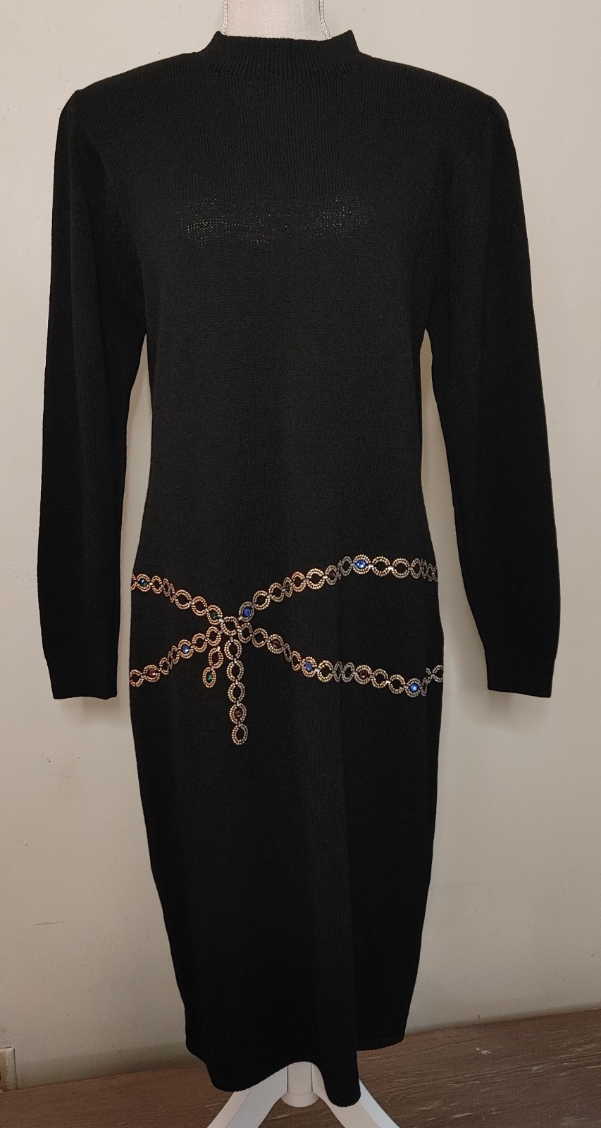 Vintage St John Saks Knit Dress 12 Black Santana Sweater Jeweled Chain Waist 80s