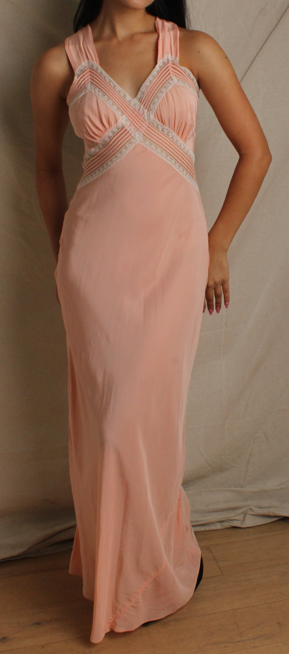 vtg 40s long pink slip dress lace insertion bias cut cross back gown