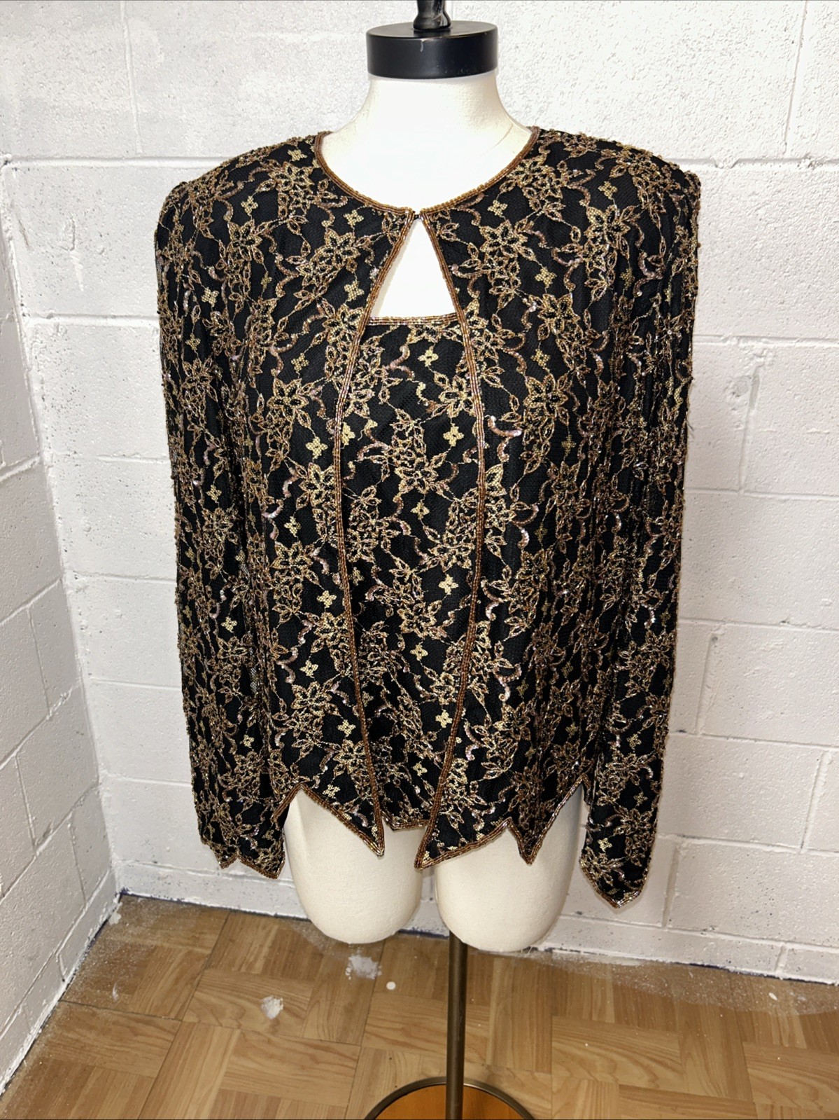 VTG 2 Piece Formal Top Jacket Beaded Lace Floral Black Gold Lg Elegant A1