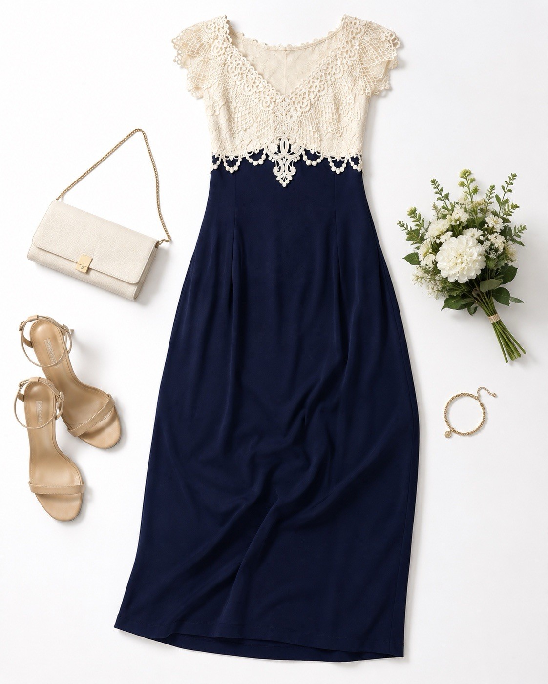 Vintage Scott McClintock Formal Gown Womens 8 Navy Ivory Lace Maxi Dress USA