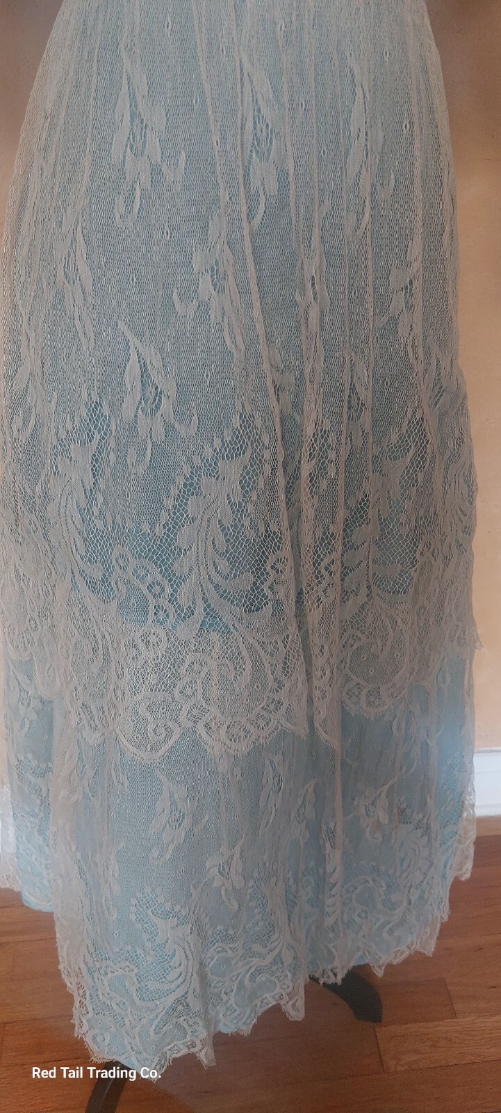 Beautiful Edwardian Teal Silk Dress W/ Intricate Lace Overlay And Sleeves Sm