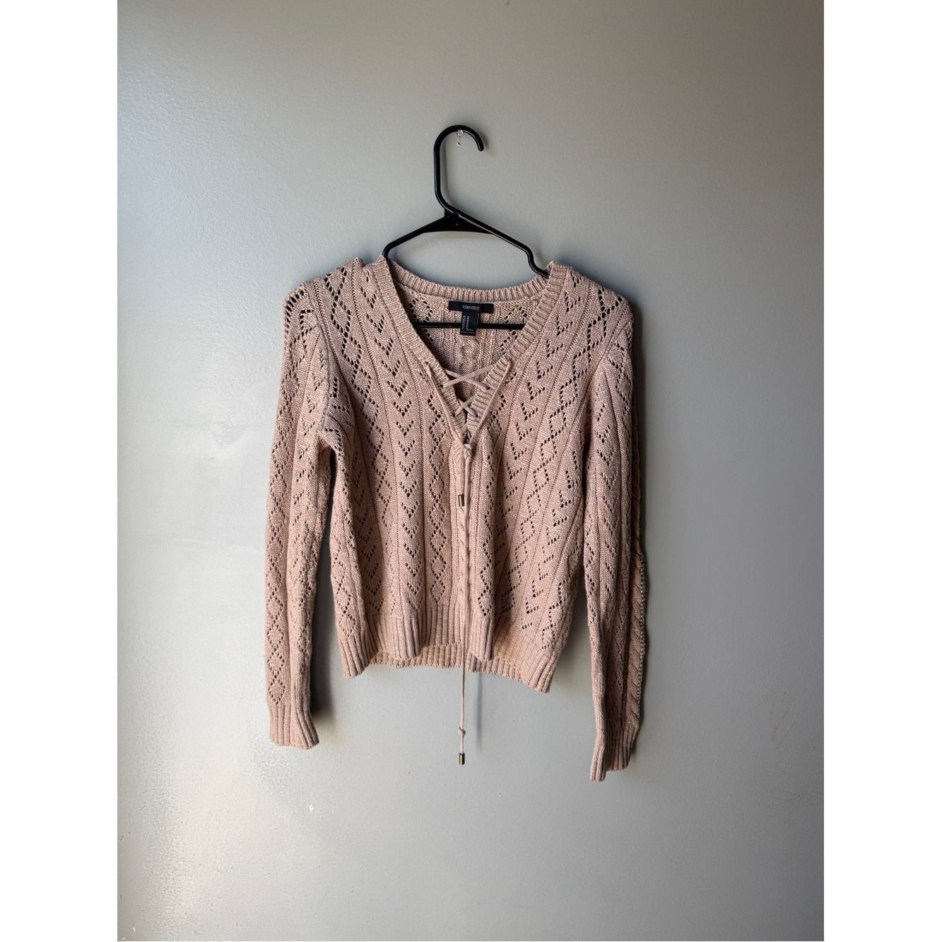 Boho Coquette Women’s Medium Pointelle Knit Lace-Up Sweater Blush Pink