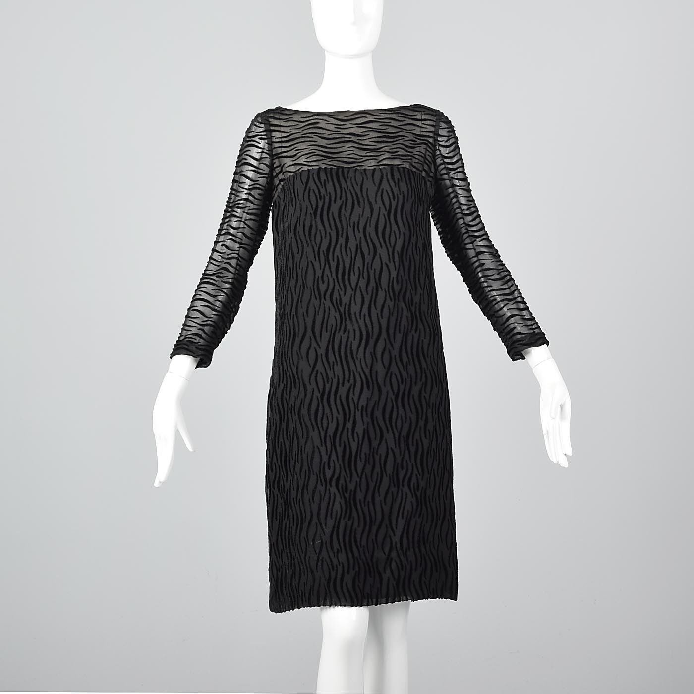XS Vintage 1960s 60s Knee Length Little Black Dress Party Cocktail Shift Velvet