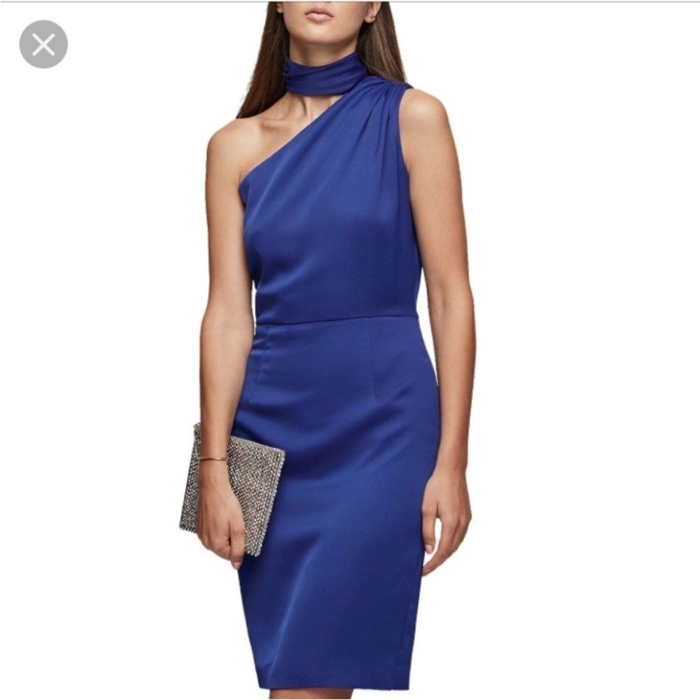 Reiss Ennie One Shoulder Fitted Choker Dress Cobalt Blue Size 2 Cocktail Evening