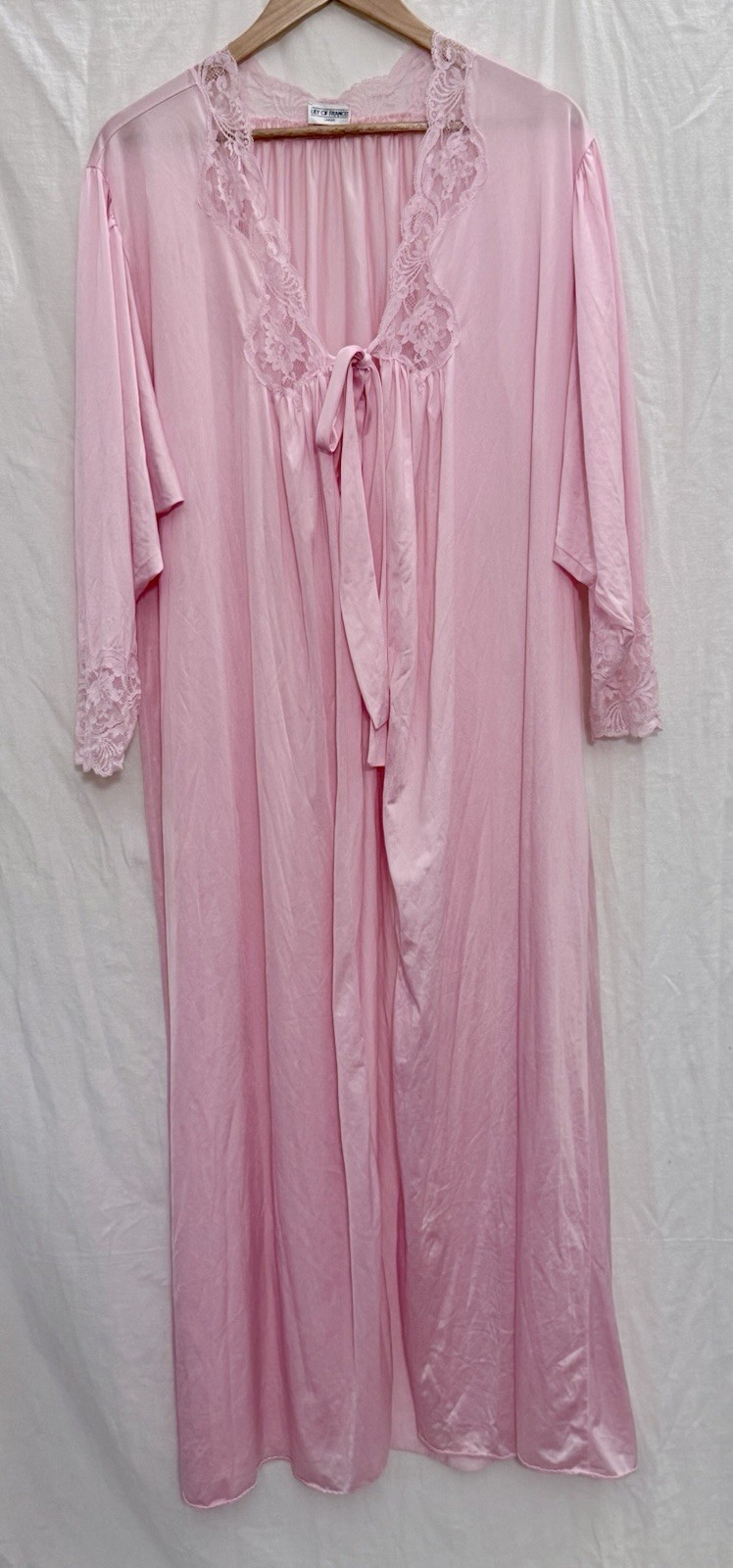 VTG 70s Lily of France Rose Pink Peignoir Robe Lace Dolman Sleeve L Lingerie EUC