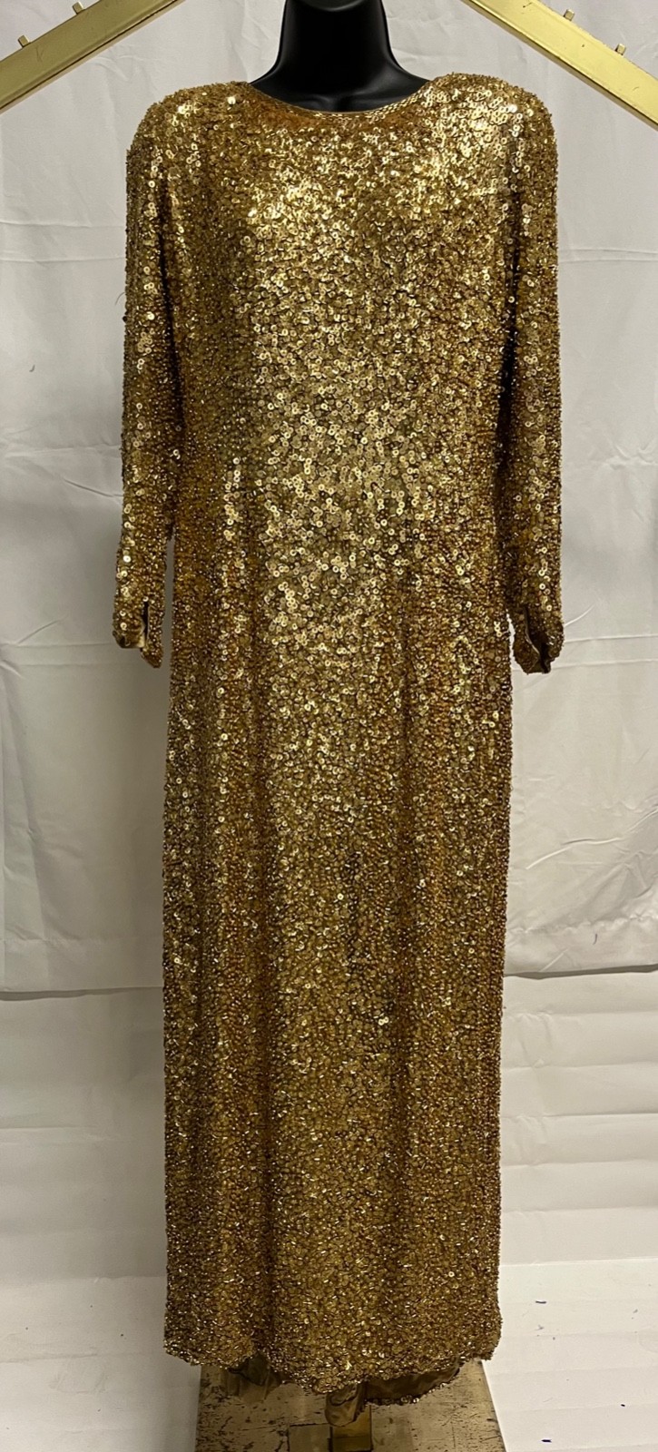 VTG Heavy Gold Sequin Dress by Black Tie Oleg Cassini Size 12 – AS IS for STUDY