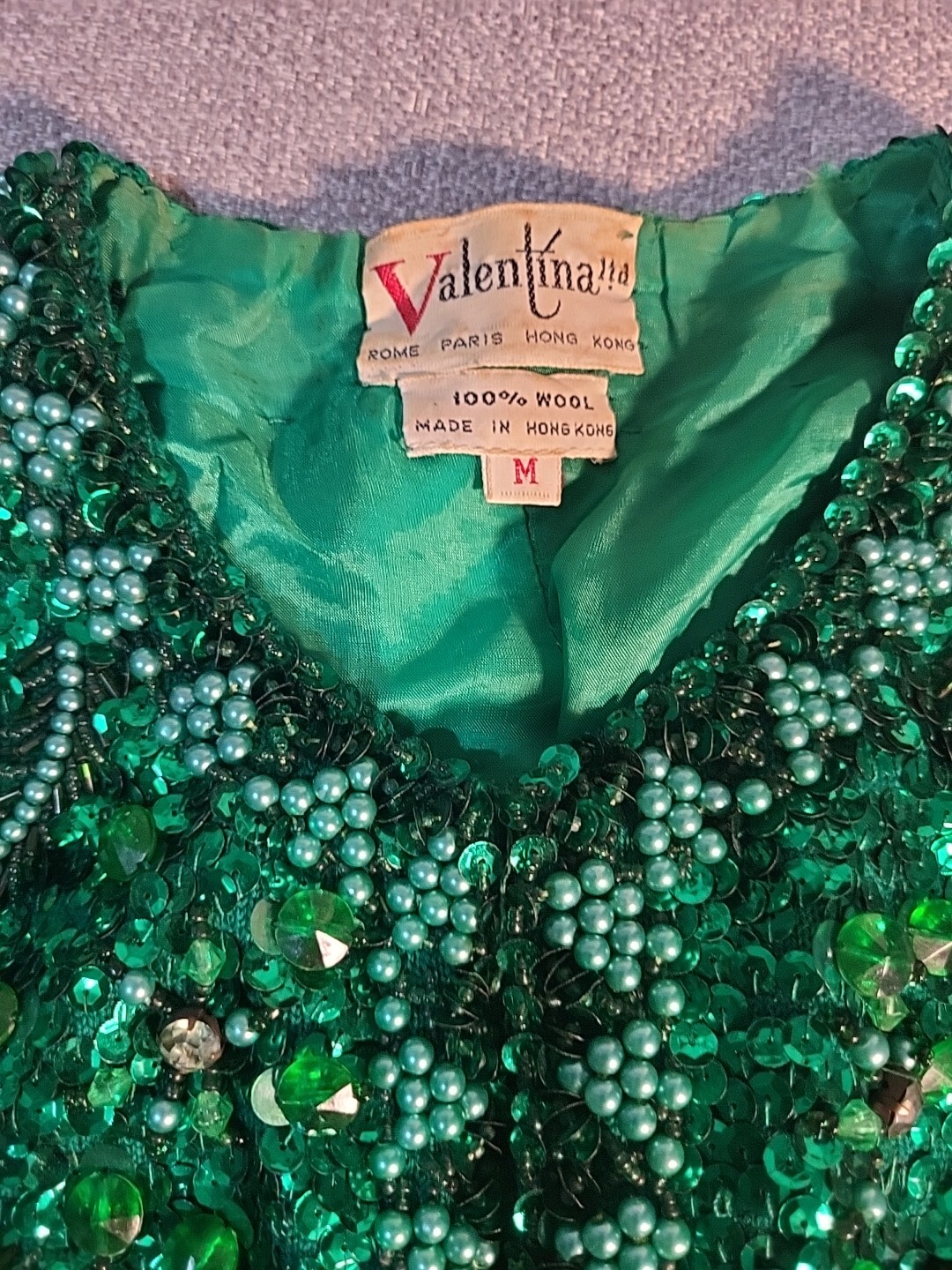 Vtg VALENTINA Ladies Wool Beaded & Sequined Butterfly Couture Vest M Green