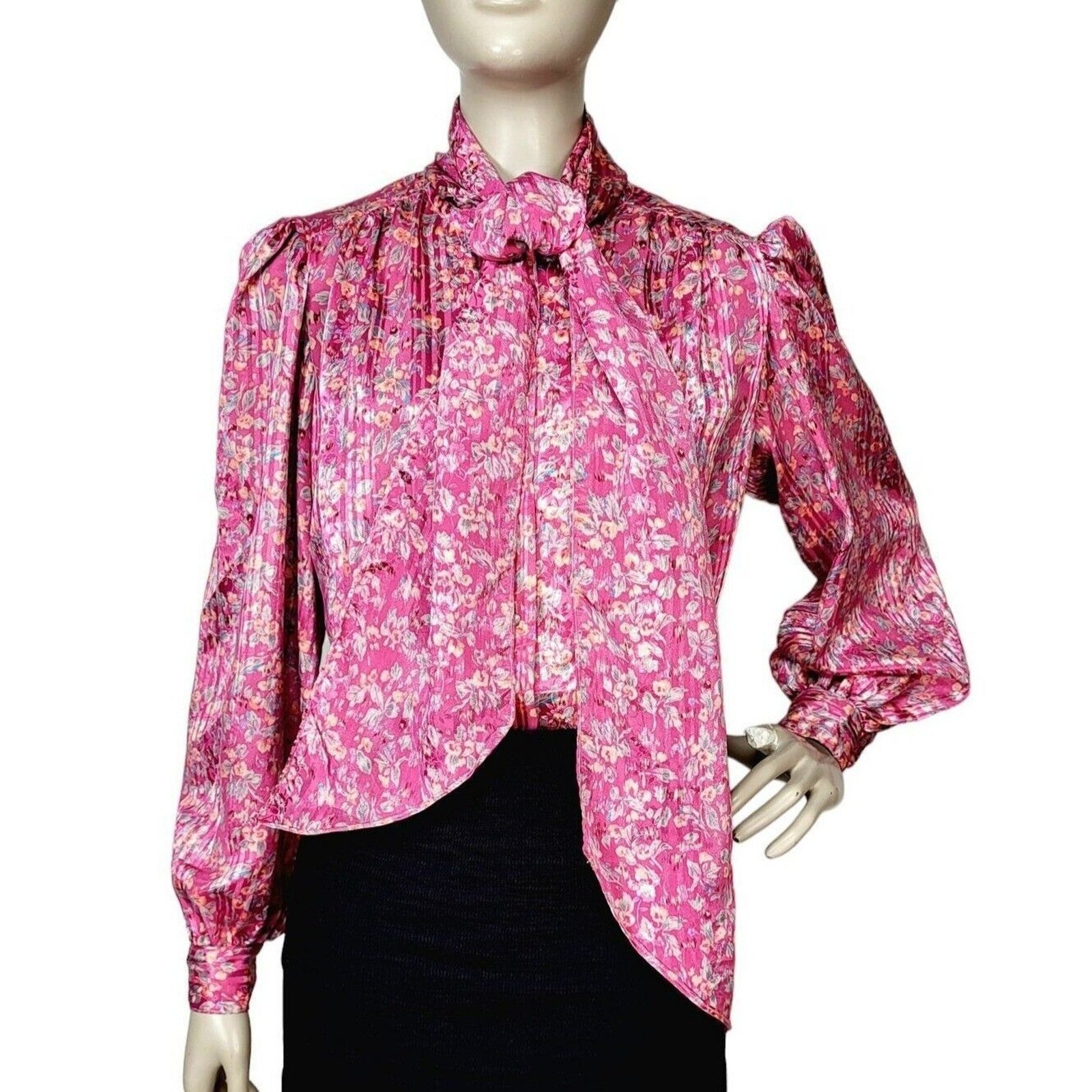 VTG 70s Pink Abstract Floral Neck Bow Puff Balloon Sleeve Satin Striped Blouse