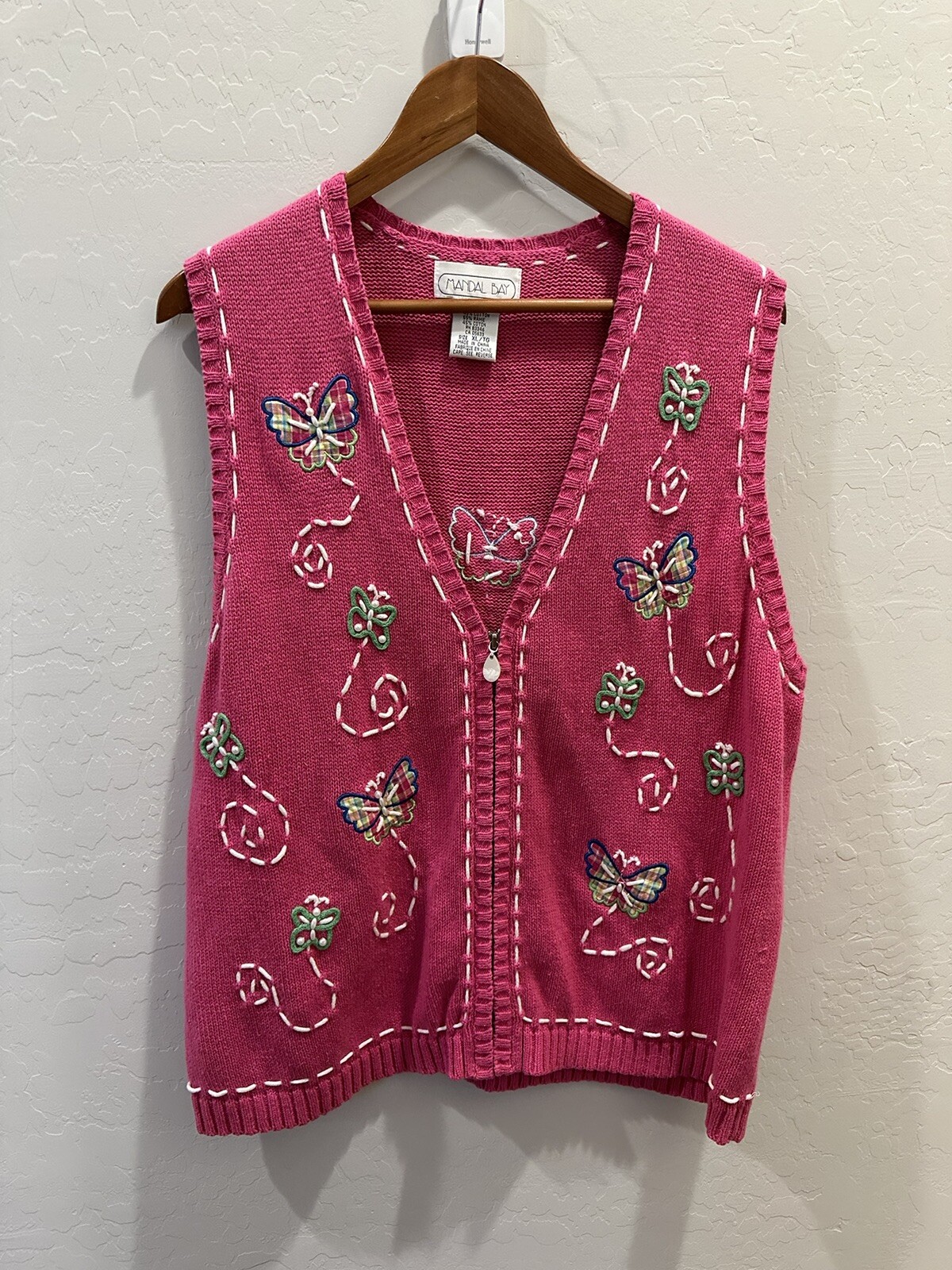 Mandal Bay Vintage Pink Sweater Vest Butterflies XL Ramie Cotton