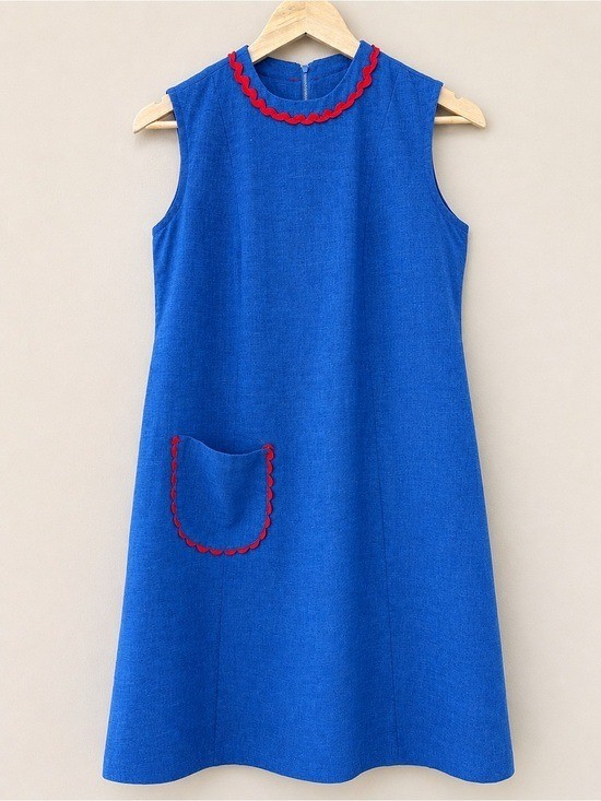 Vintage Handmade Mod Shift Dress Blue Red Ric Rac A-Line Womens S/M