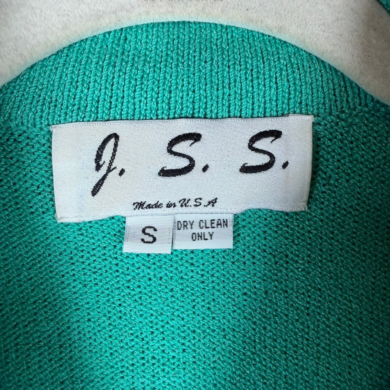 J.S.S. Vintage Teal Green Wool Blend Knit Cardigan Jacket Black Gold Trim Small