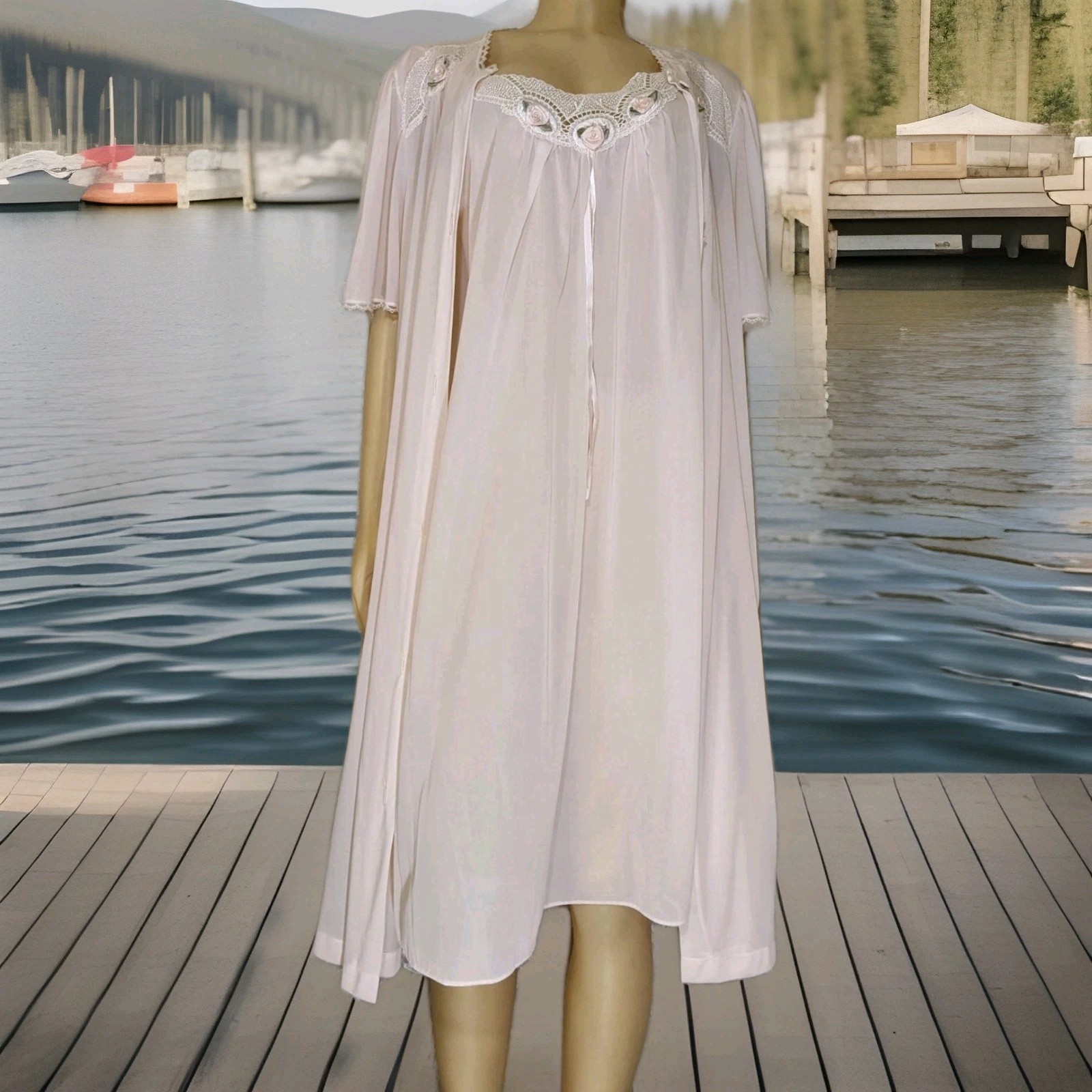 Vintage Pink Soft Lace Free Bust Nylon Lingerie Nightgown and Peignoir SET L