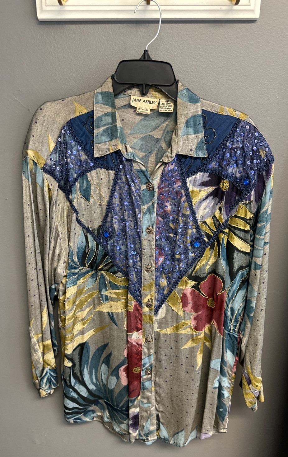 Vintage Jane Ashley Medium Patchwork Beaded Sequin Tunic Blouse Button Top