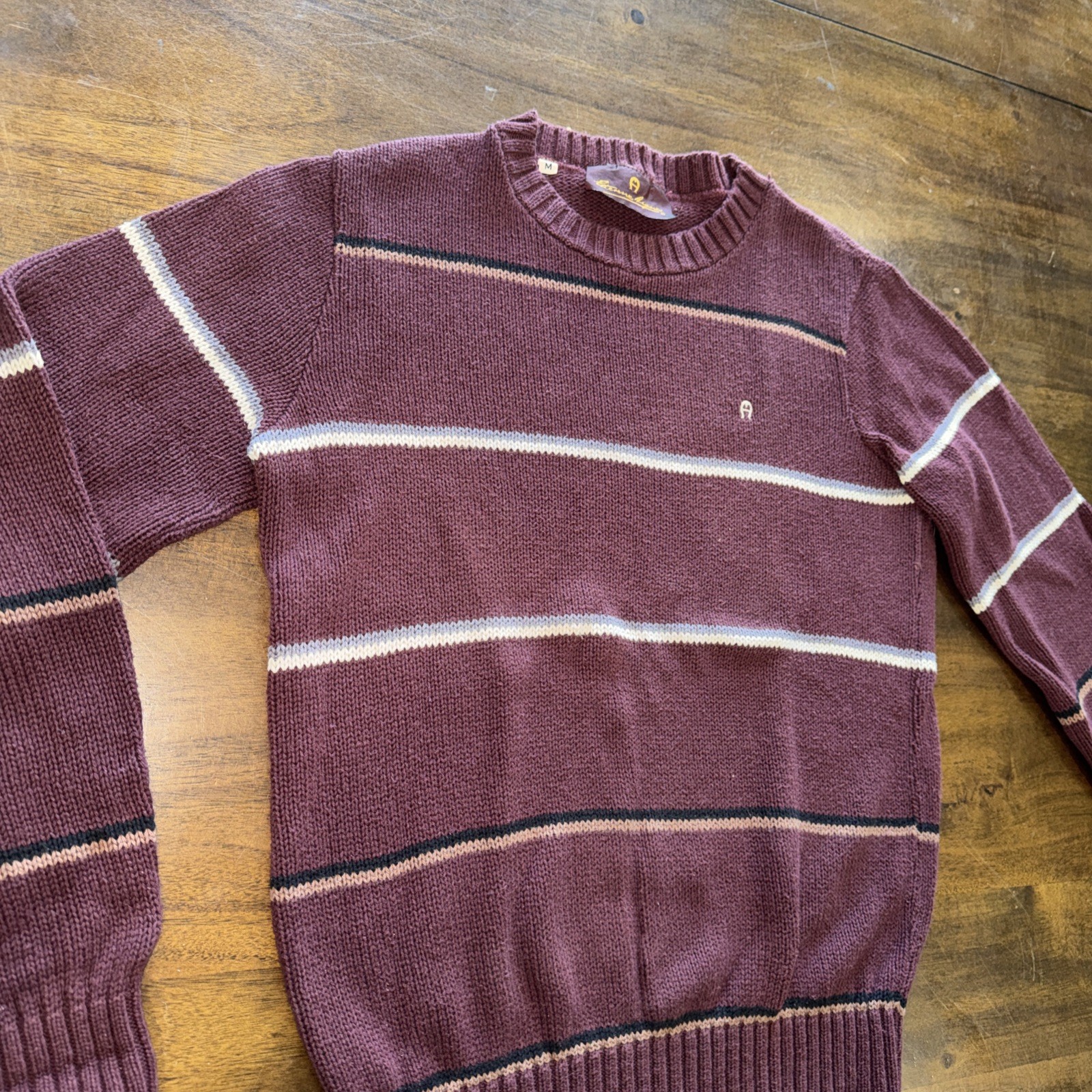 Vintage 70s ETIENNE AIGNER Womens M Cotton Sweater Union Tag USA Burgundy Stripe