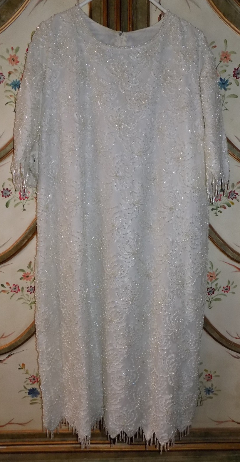 Vintage Carina 3X white heavily glass beaded pearl formal cocktail dress wedding