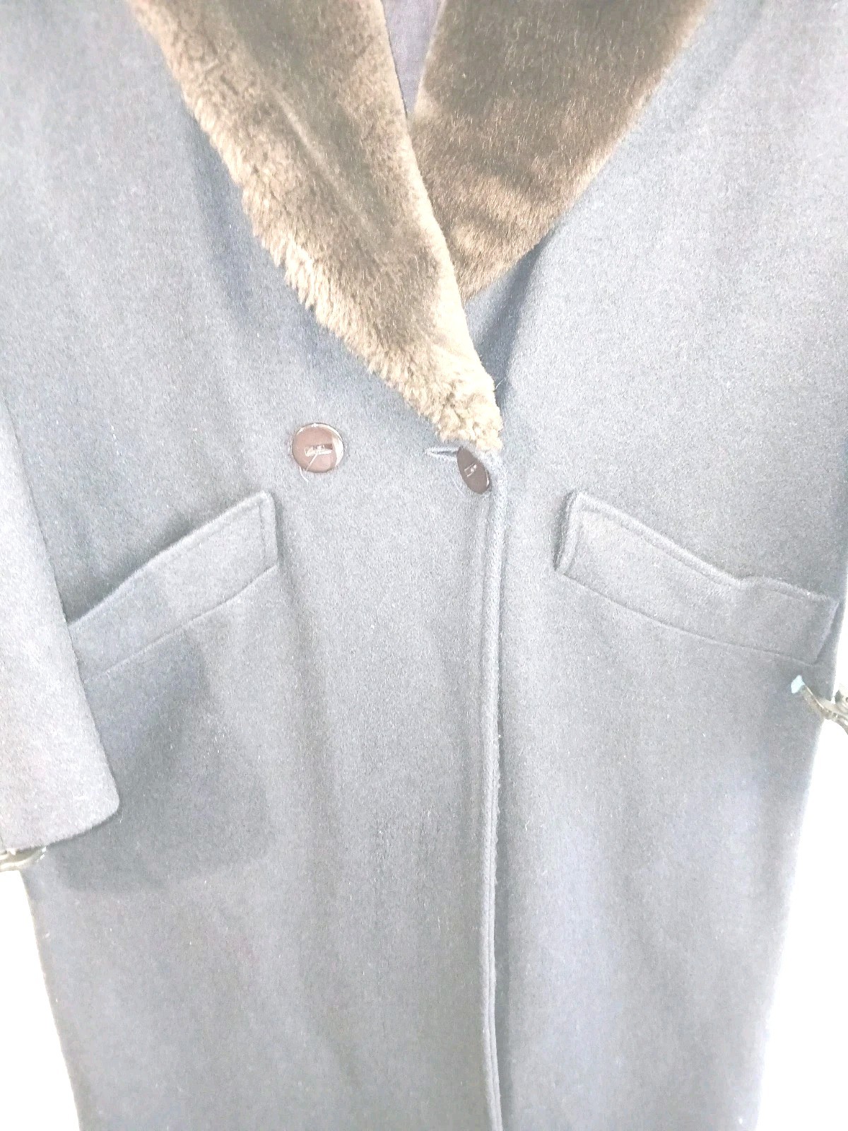 Vintage Women’s Dark Blue Wool Coat W Brown Faux Fur Collar Made In Usa, Size 6