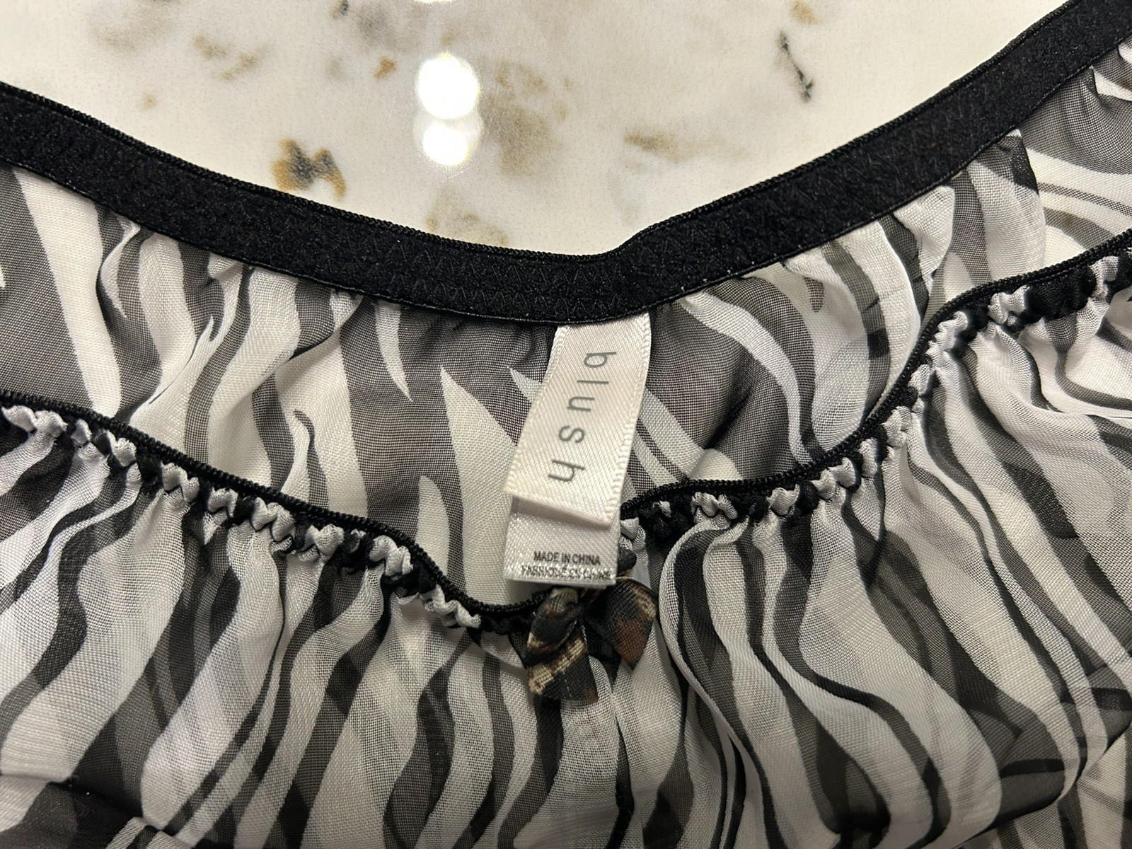 BLUSH – 2-PIECE LINGERIE – sheer w/lace White & Black Zebra small/med: burlesque