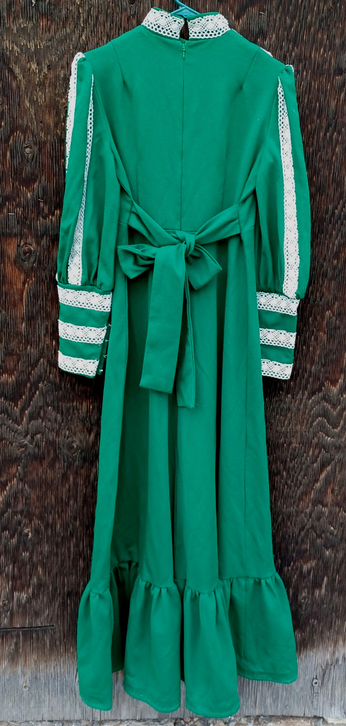 Amazing 70s Vintage Green Empire Leg O Mutton Sleeve Sz M/L PolyKnit Maxi Dress