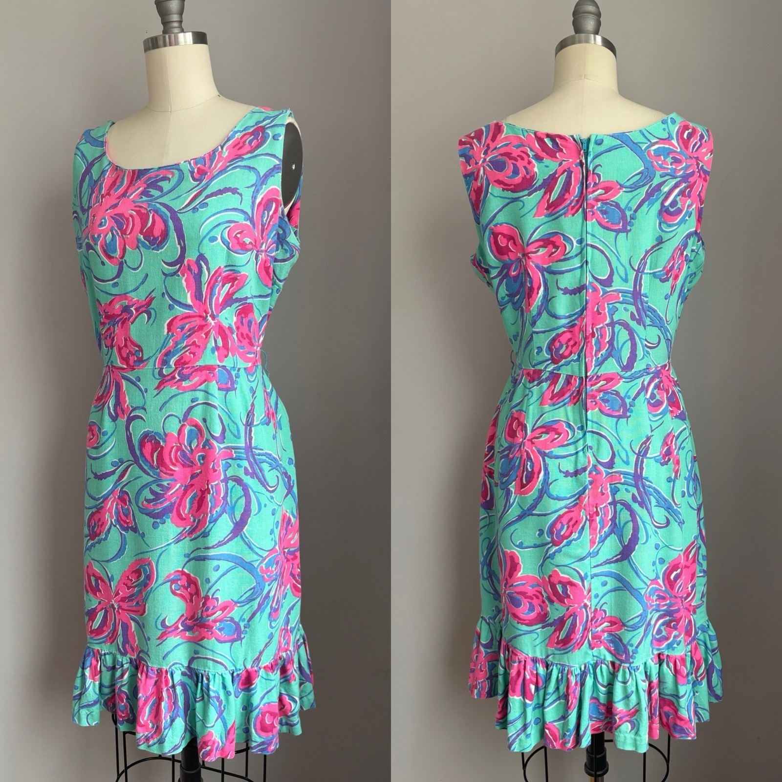 Mod Vintage 1960’s Retro Aqua w/ Hot Pink Floral Print Ruffled Hem Sun Dress M