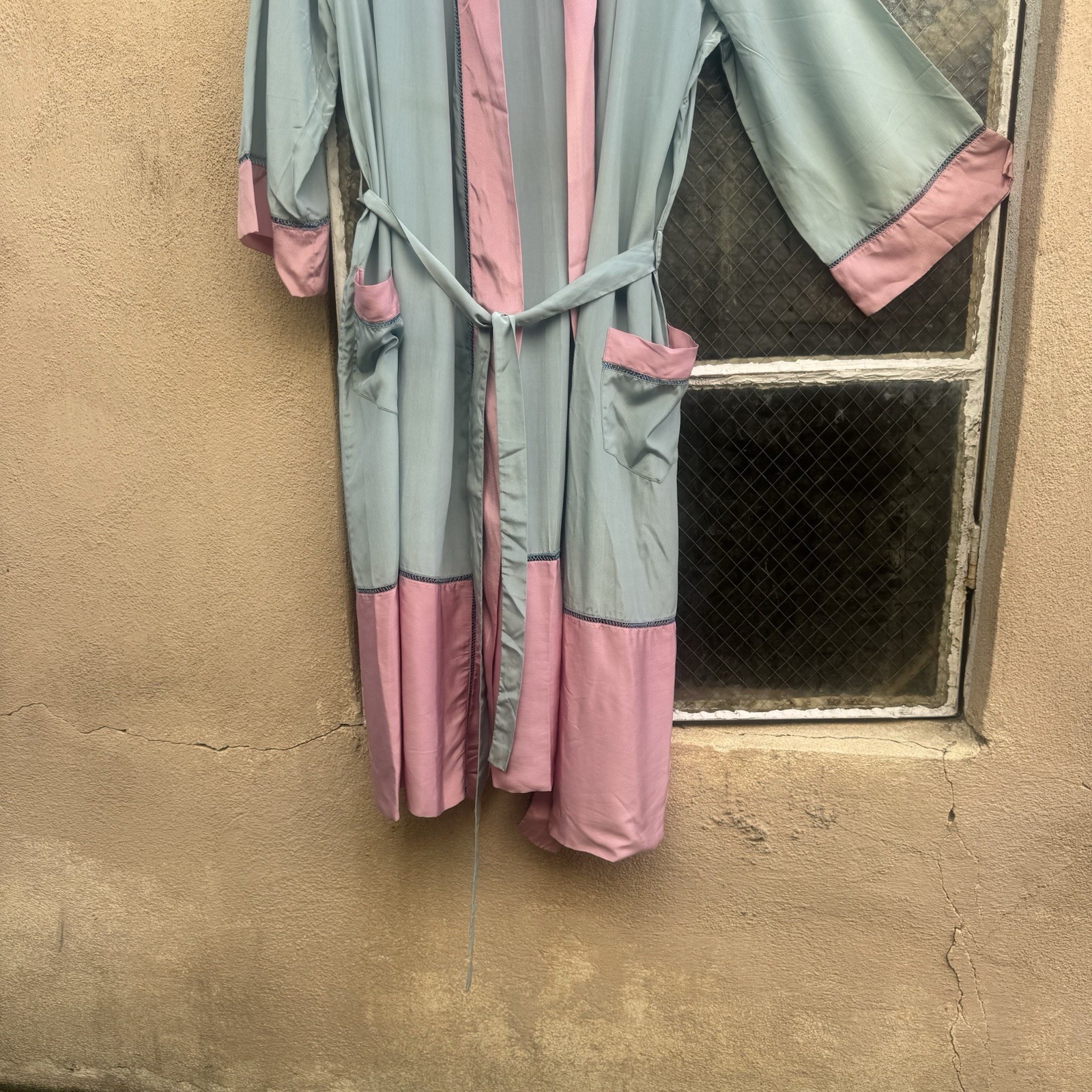 Antique 1920s Cotton Candy Blue & Pink Silk Robe Dress Coat Lounge Vintage