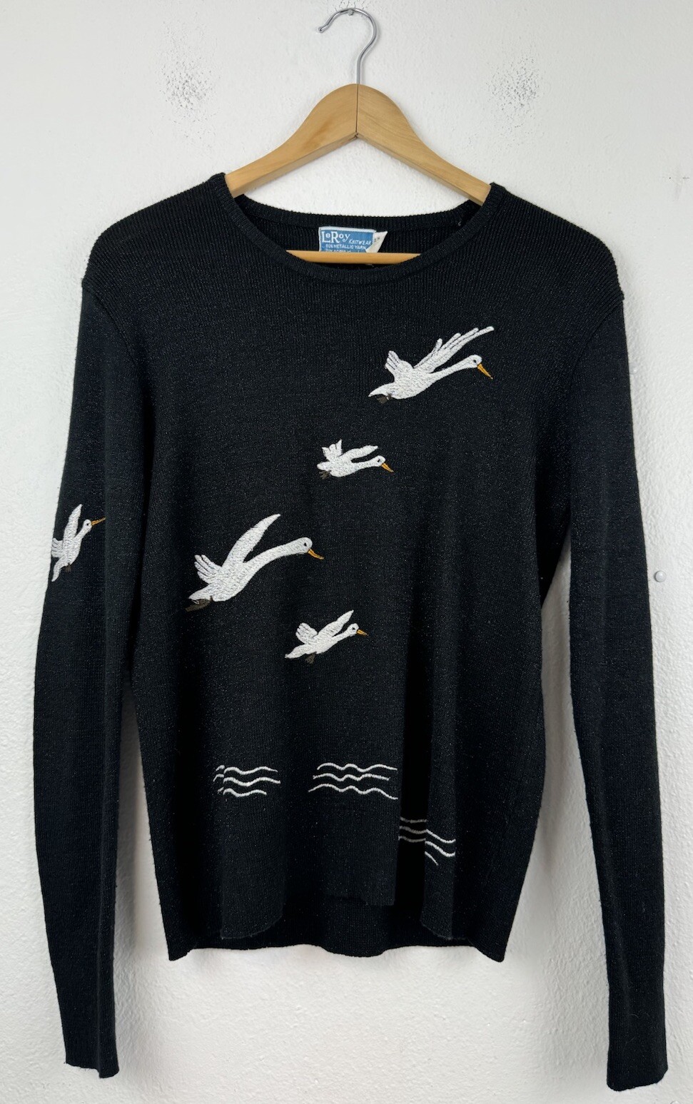 LeRoy Knitwear Vintage Black Metallic Embroidered Geese Sweater 1970s