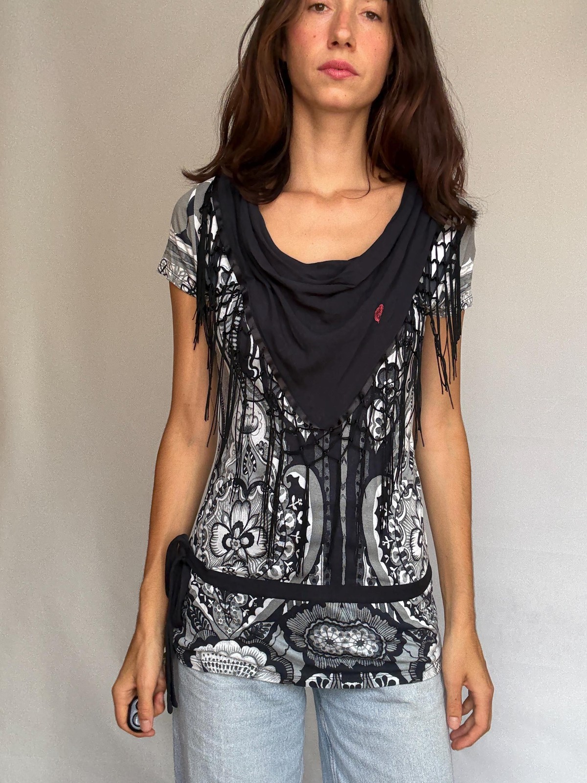 Desigual black white gray patterned blouse, cotton feel, relaxed fit, fringed sc
