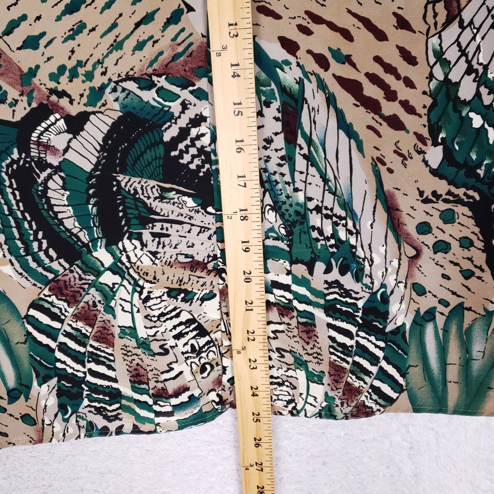 Vintage Caviar 80s Abstract Feather Print Boxy Blouse Green Tan Size L USA Made