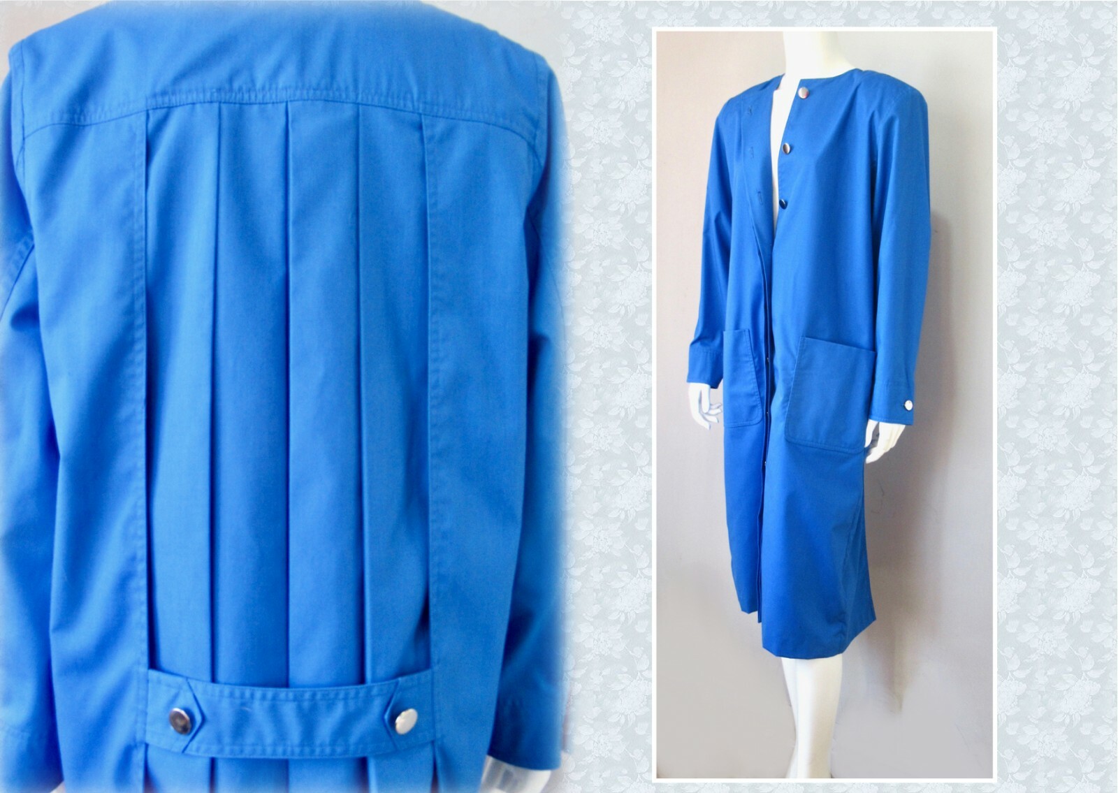 Vintage Ned Gould Royal Azure Crisp Knife Pleat Silver Button Midi Long Coat L