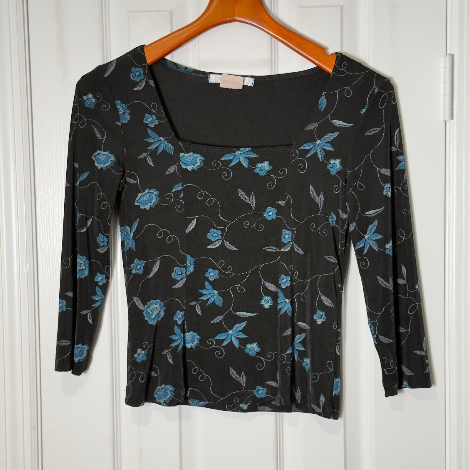 Vintage Y2K La Belle Floral Fitted Top Fairy Grunge Whimsigoth Square Neck L