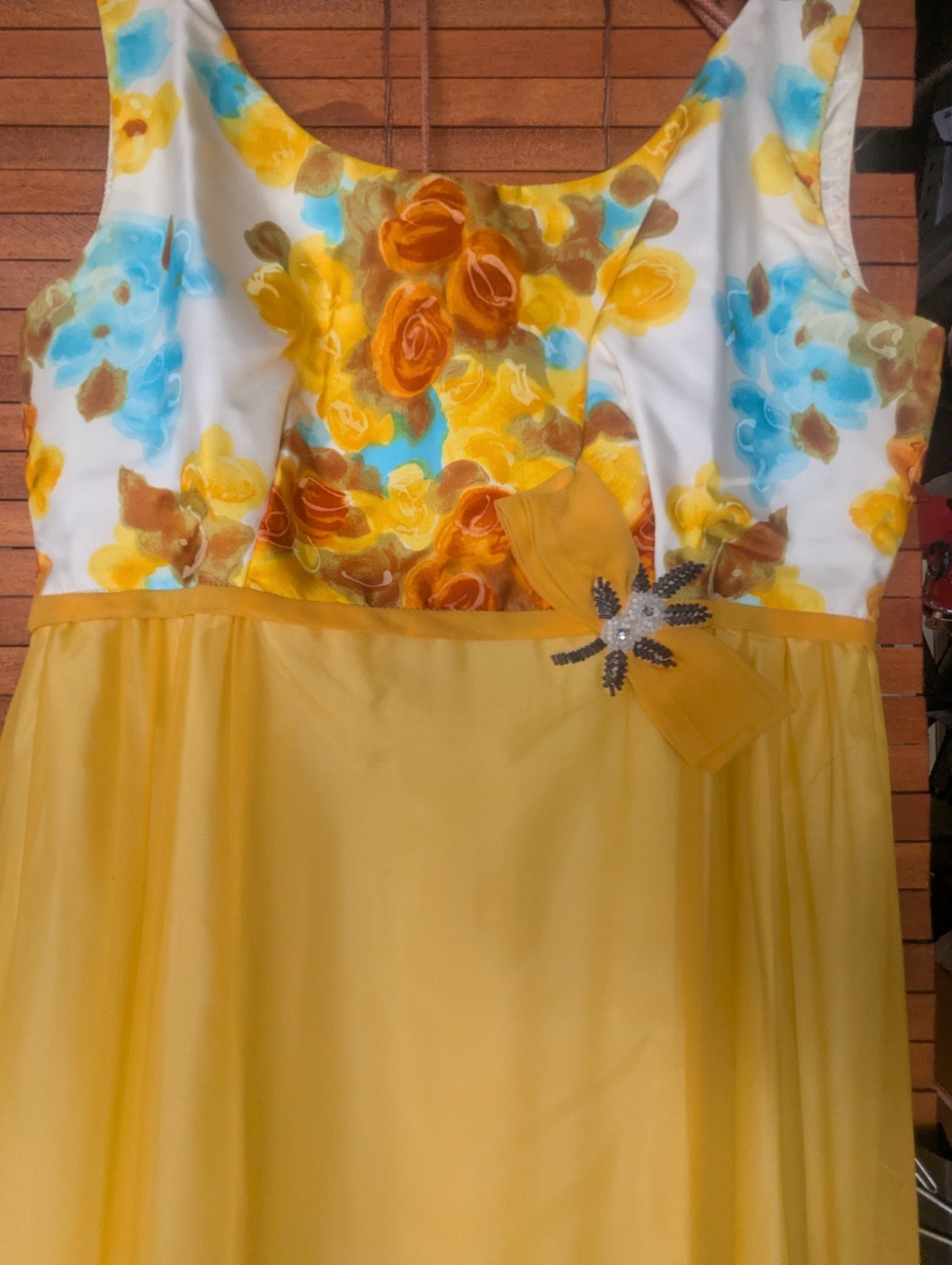 Vintage 1960s Emma Domb California Yellow Floral Chiffon Empire Maxi Gown USA 9