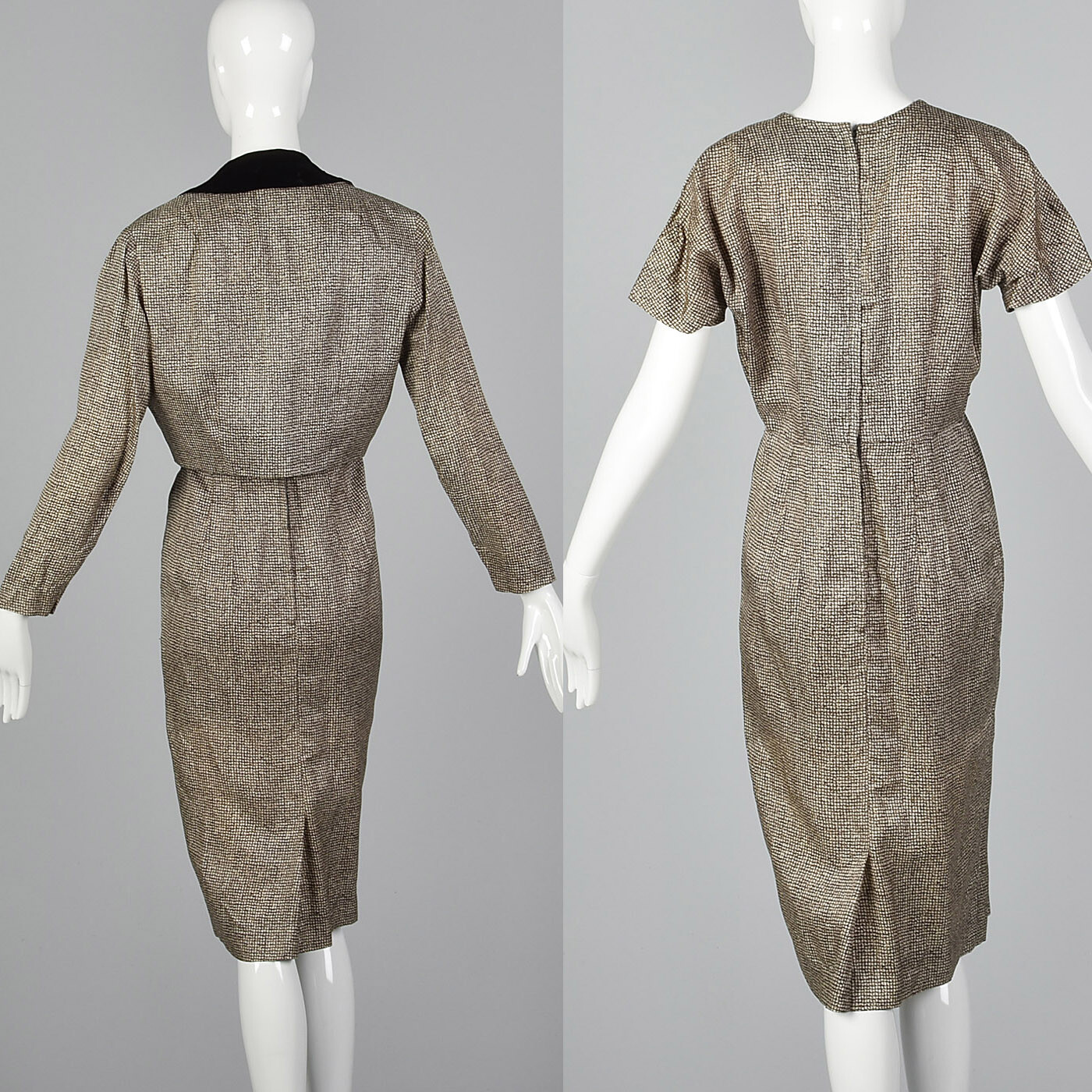 M 1950s Set Short Sleeve Pencil Dress Boxy Jacket Removable Dickie Day Wear 50s