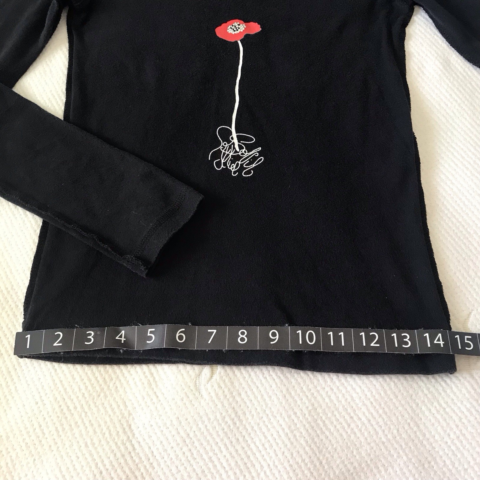 Vintage Sonia Rykiel Black Knit T-Shirt Top Small Embellished Poppy Flower Y2K