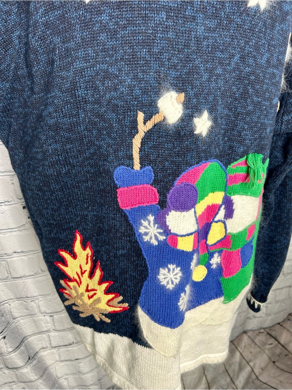 Grandma Eclectic Snowman Vintage Cardigan Navy Blue Knit Button Front