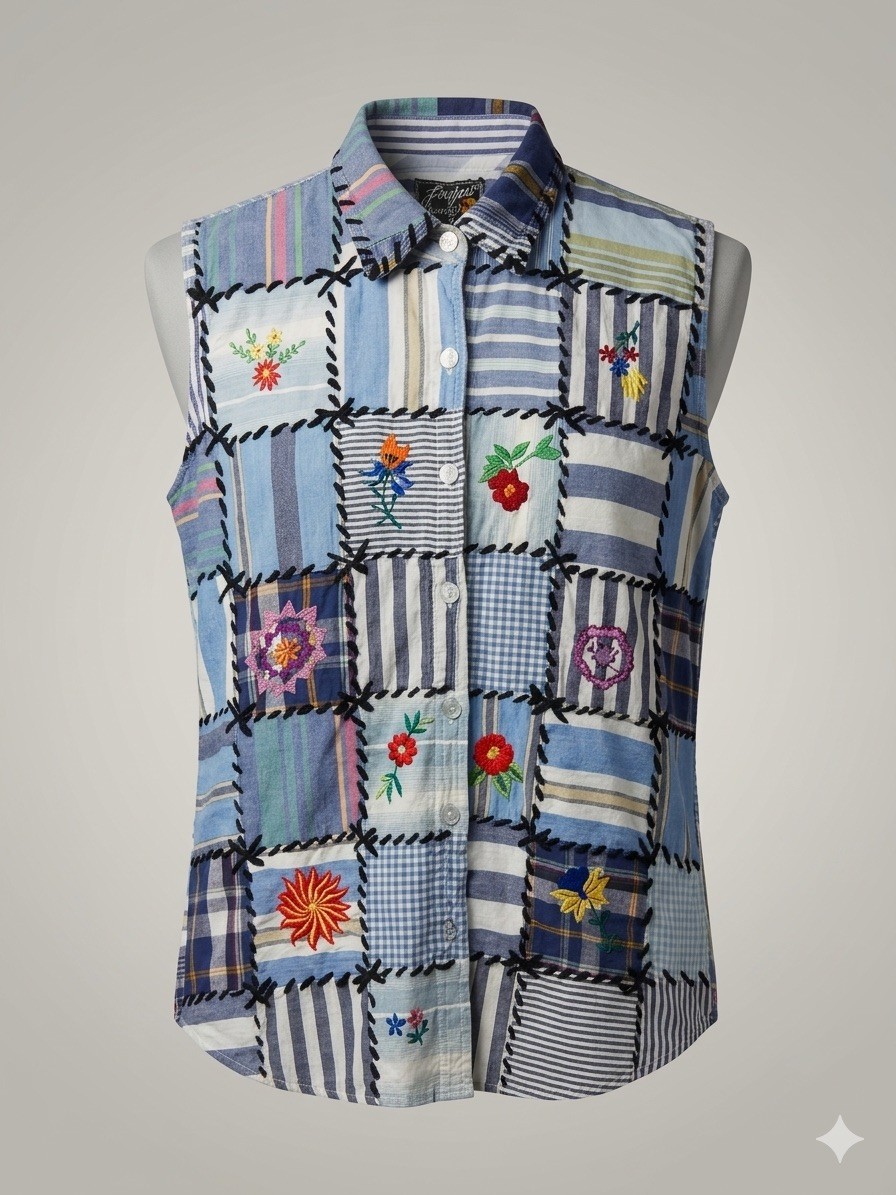Vintage 90s Jou Jou Patchwork Embroidered Sleeveless Top Vest Button Up L Boho