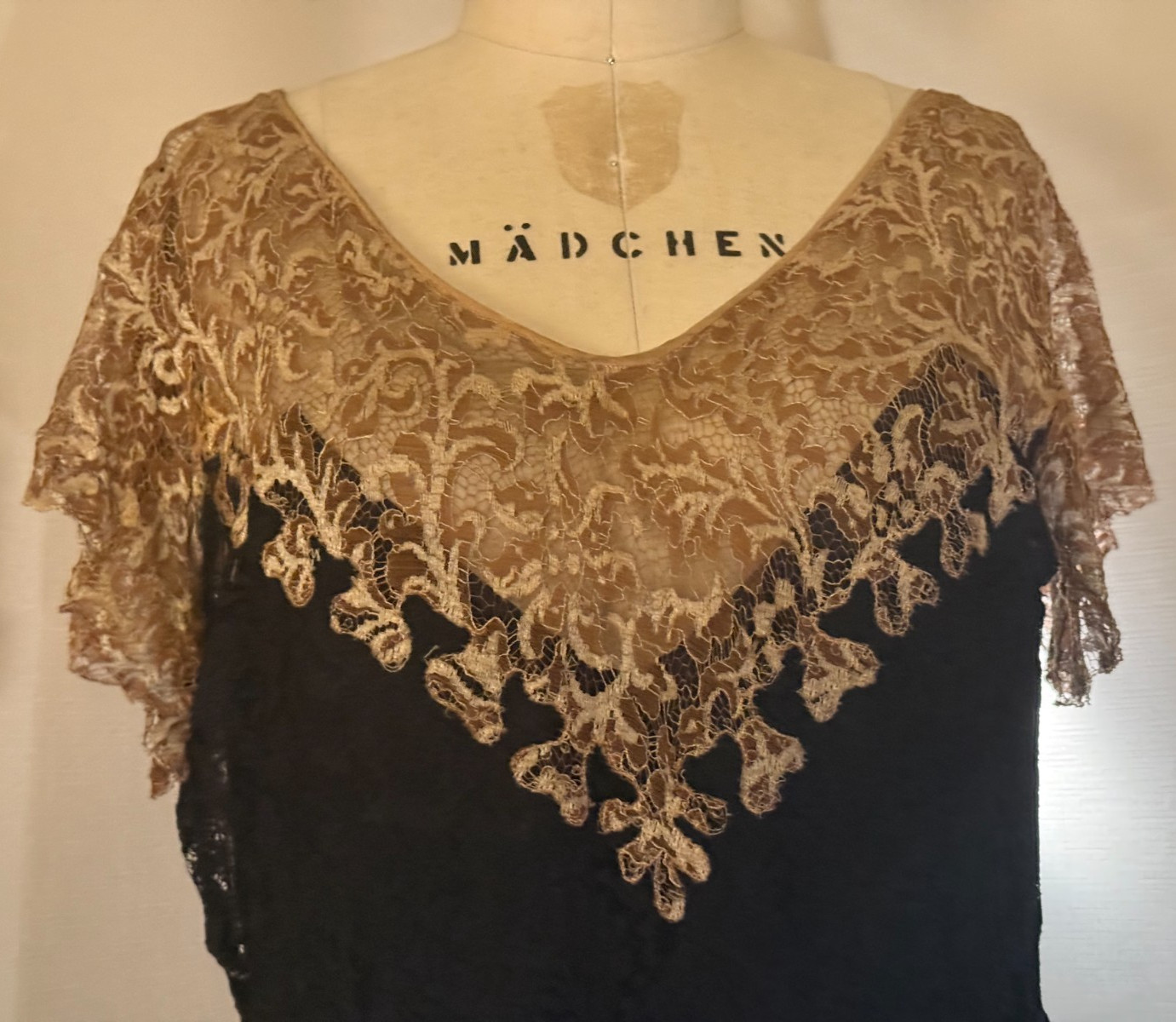 Vtg 1930s HOLLYWOOD DECO DRESS, 2 pc, ELABORATE ALENCON LACE w/ ILLUSION BODICE
