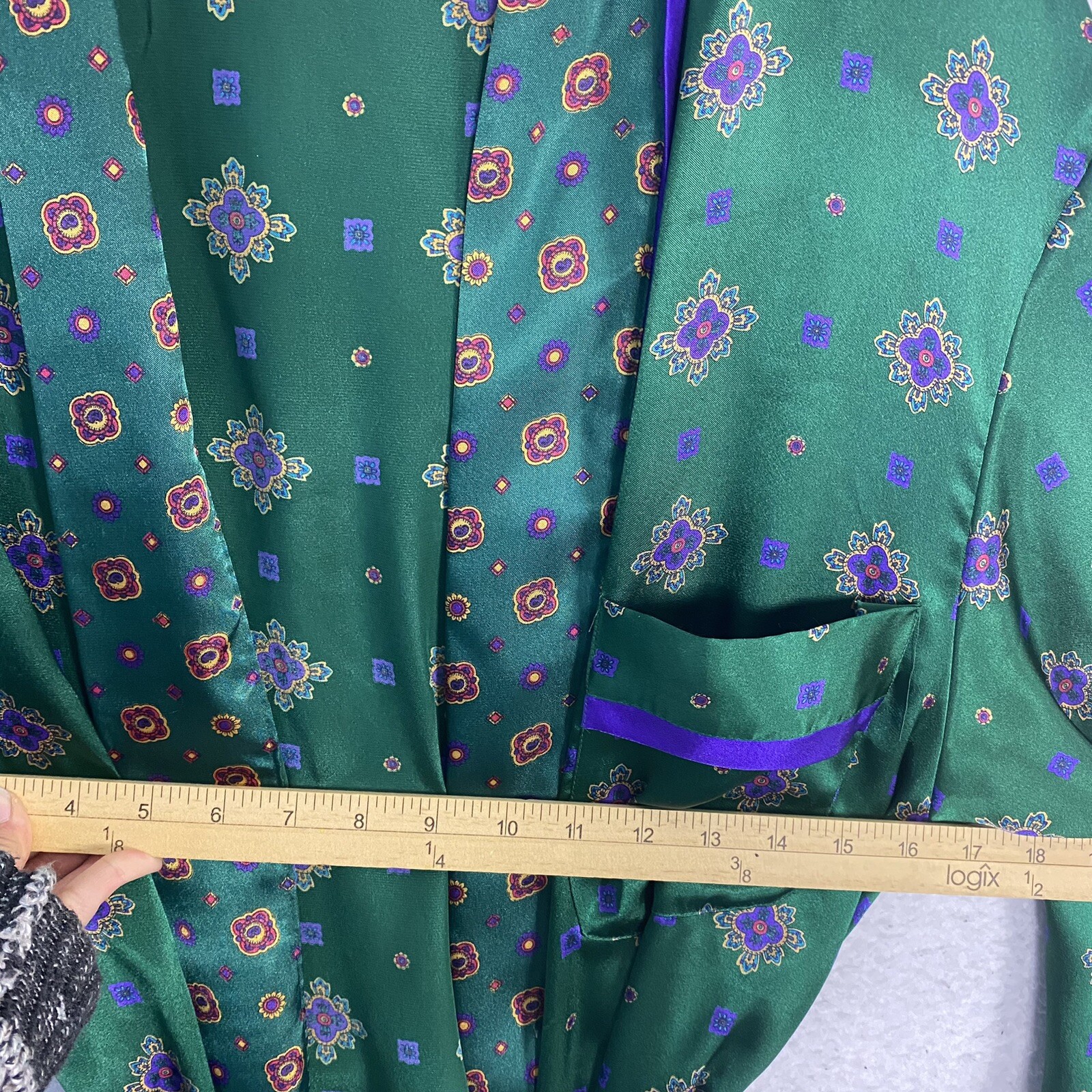 VTG Kimono ROBE Lingerie Size S Green Geometric Belted Women’s Satin Pocket