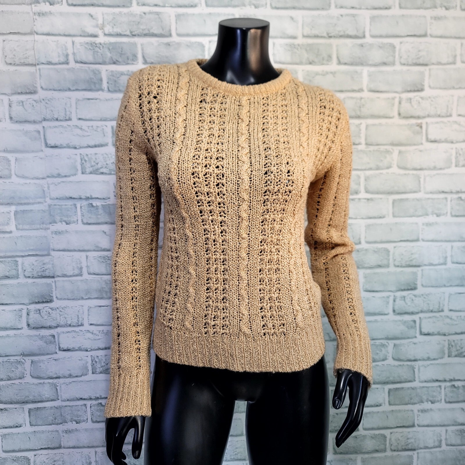 Vintage 70s Hark New York Womens S Chunky Open Knit Sweater Wool Blend Beige
