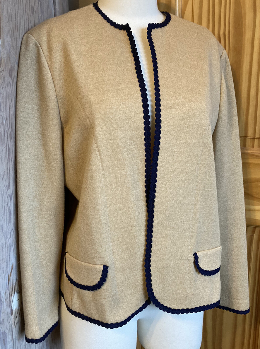 Vintage Cardigan Sweater Jacket Open Camel Brown Navy Blue Trim Shoulder Pad EUC