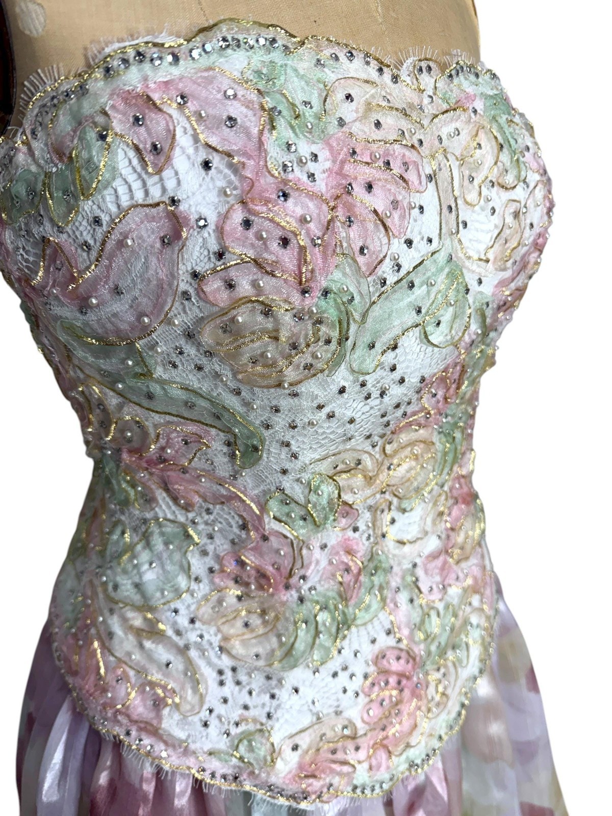 Vintage 80s Rose Taft Couture Fashions gown pastel beaded strapless with bolero