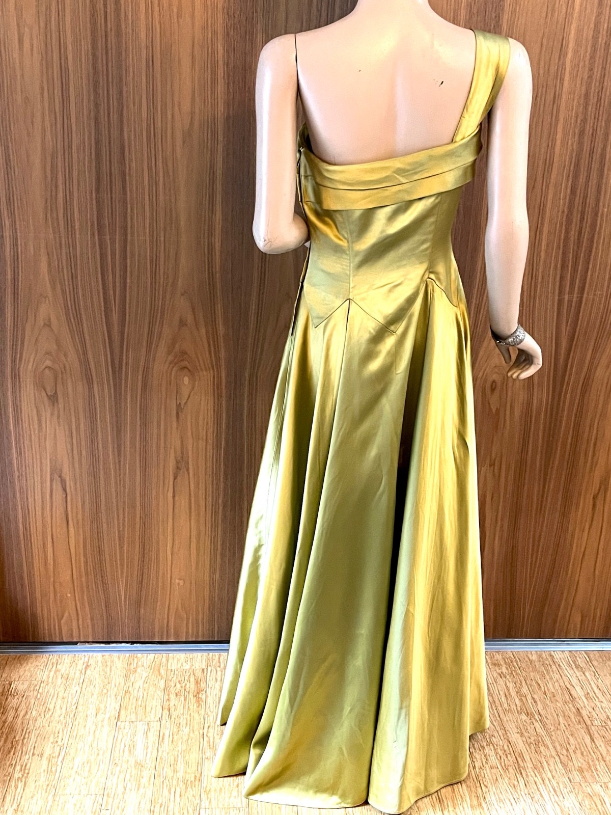 1950s CEIL CHAPMAN Silk Satin Gown Green Gold One Shoulder Full Skirt Dress