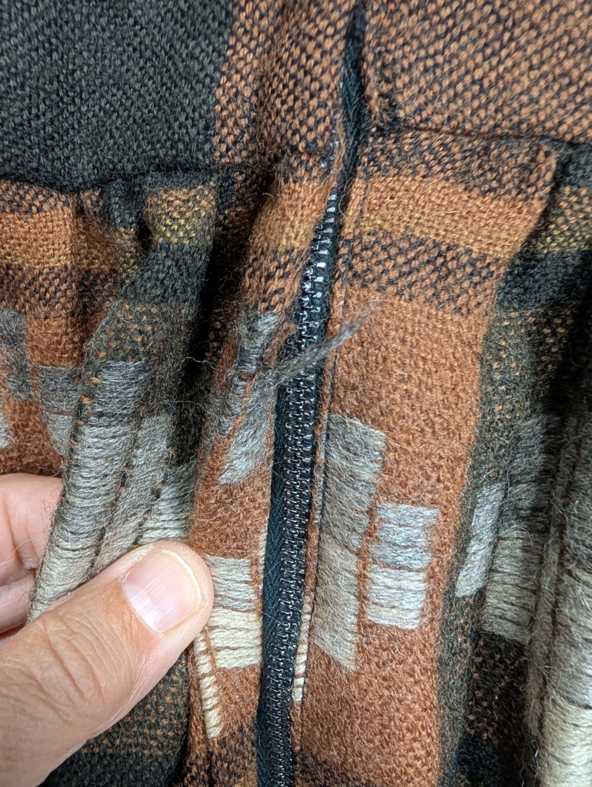 Vintage Southwestern Wool Blend Midi Dress Brown Grey Striped Geometric Waist