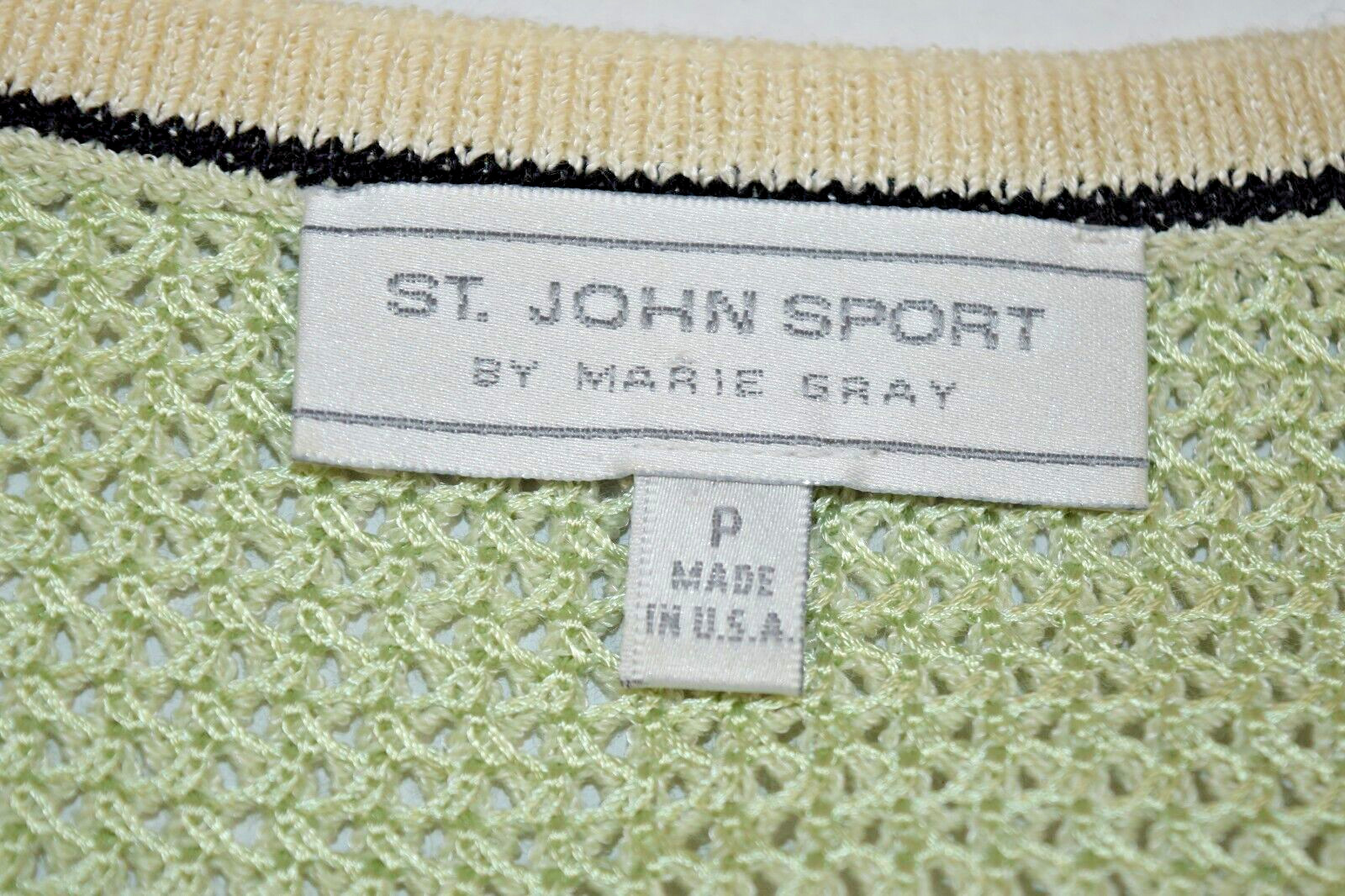 Vintage St John Knit Sweater Size S/M 80s Pale Mint Green Ivory Black Trim
