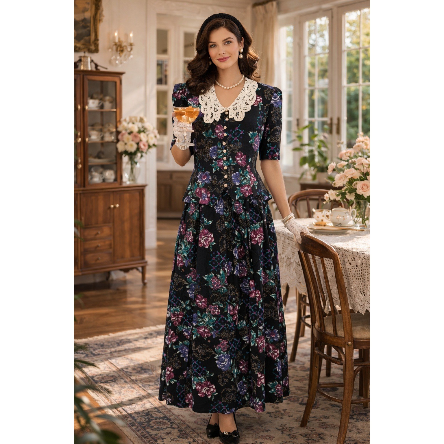 Tradwife Cottagecore Vintage Y2K Miss Dorby BlackFloral Lace Pearl 16 MaxiDress