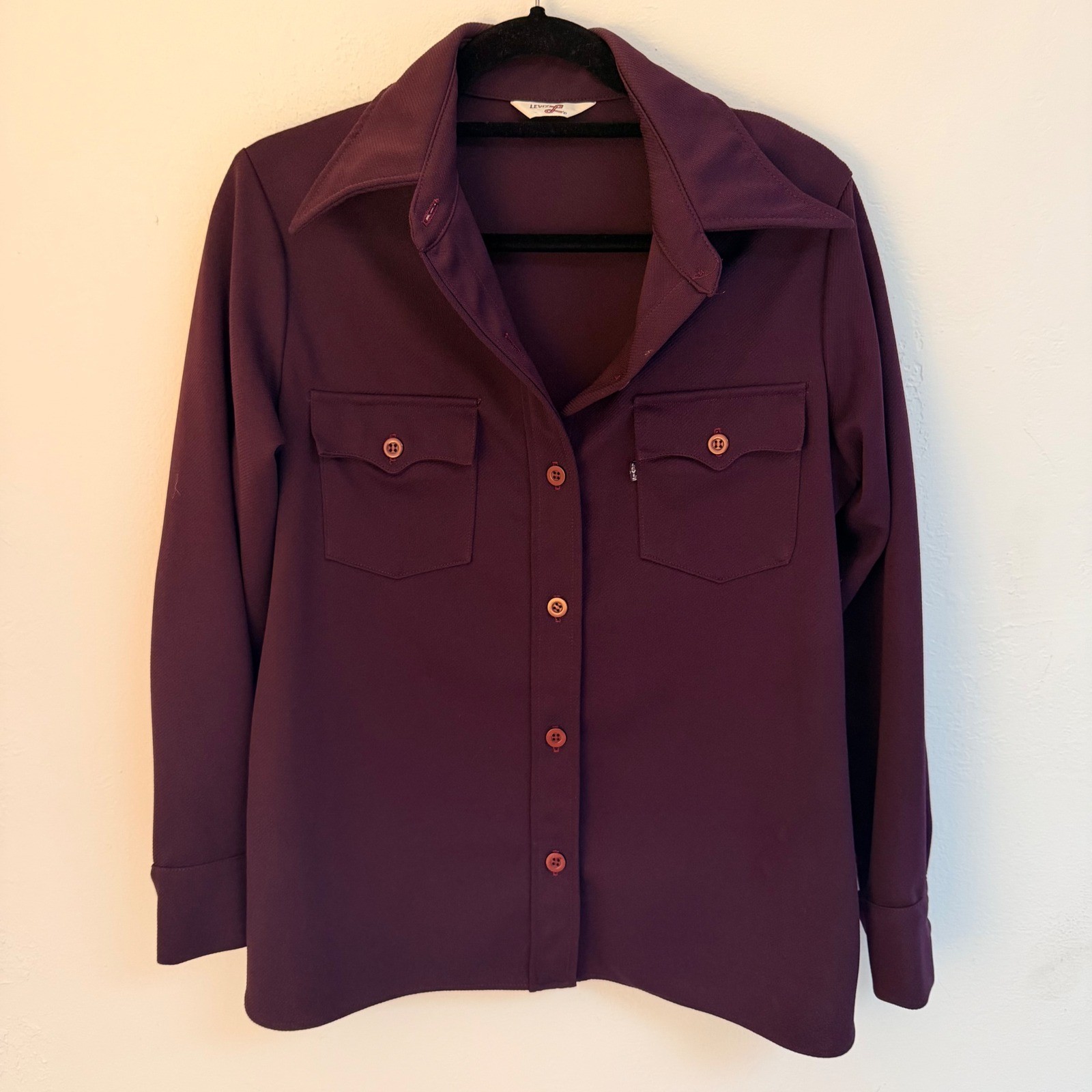 Vtg Levis Women S 70s Purple Disco/Daggar Collar Button Down Shirt Retro Mod